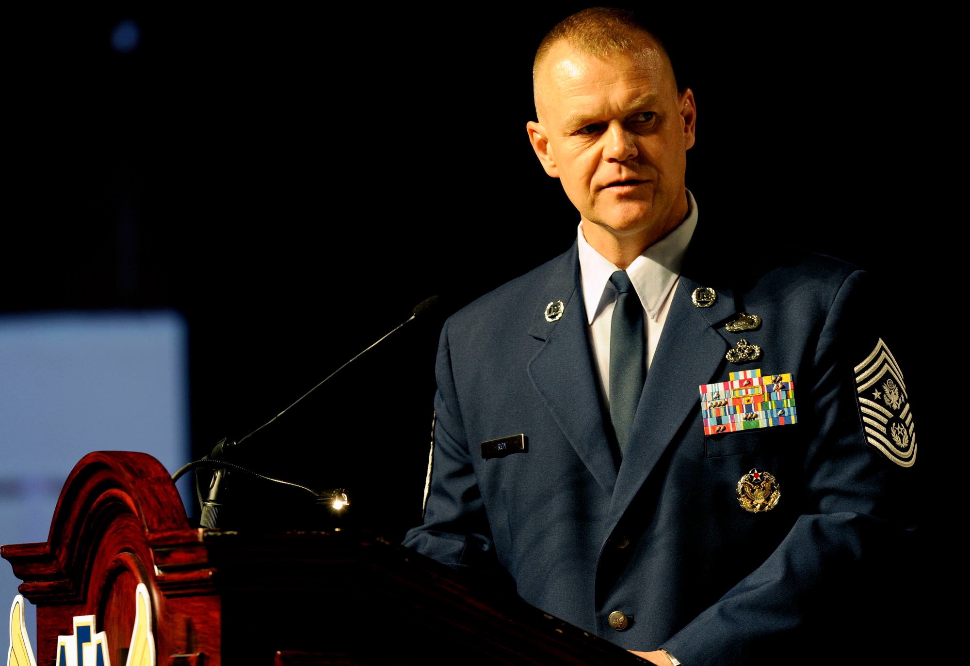 Chief Master Sgt. of the Air Force James Roy leads a command chiefs' forum Sept. 13, 2010, during the Air Force Association's Air and Space Conference and Technology Exposition at National Harbor in Oxon Hill, Md.  Five command chiefs answered questions including topics on fitness, resiliency among Airmen and their families and suicides.  (U.S. Air Force photo/Scott M. Ash)