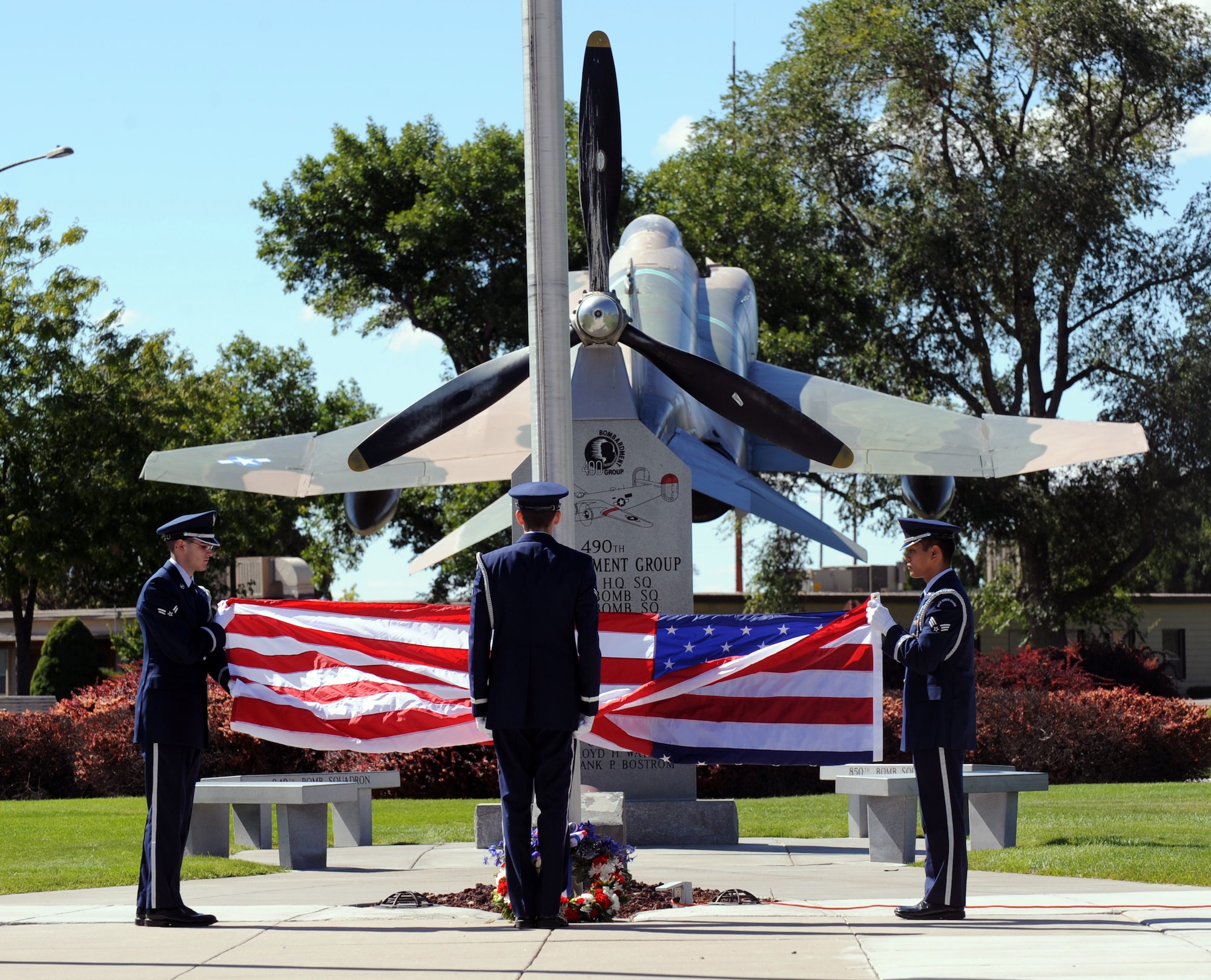 MOUNTAIN HOME AIR FORCE BASE, Idaho -- Members of the base honor guard retire the colors during a retreat ceremony held at Holt Park Sep 10. Mountain Home AFB held the retreat ceremony in remembrance of those who lost their lives during the Sep 11, 2001 attacks the ceremony was also a kick-off to the 50th Annual Air Force Appreciation Day held in Mountain Home. (U.S. Air Force photo by Senior Airman Debbie Lockhart)