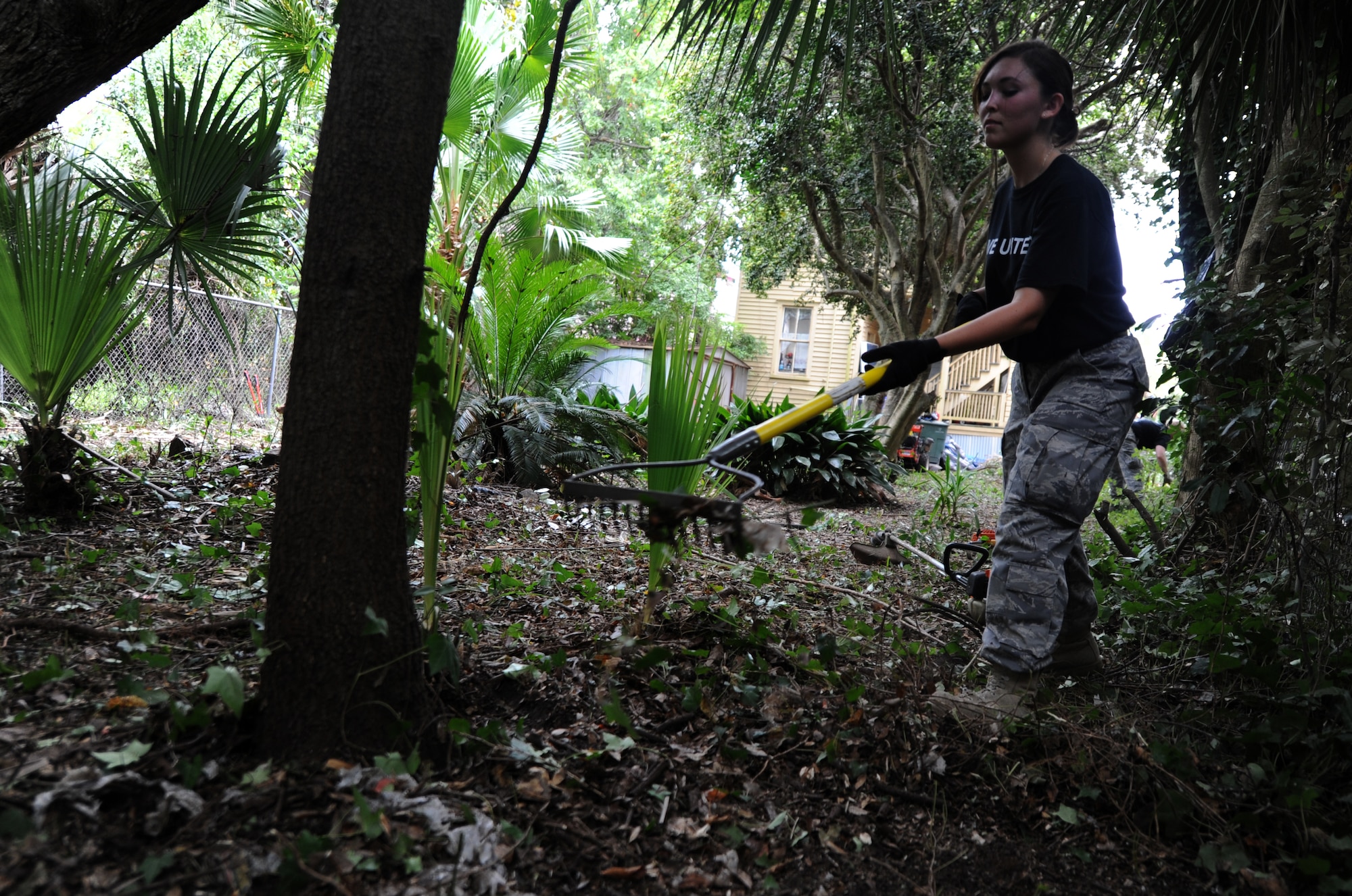 Airman 1st Class Alyssa Pruitt racks up debris from a landscaping project during the United Way's National Day of Caring Sept. 10, 2010 in the city of Charleston, S.C. Airmen cut trees, collected trash and pulled vines during the renovation of this backyard. Several truck loads later, volunteers made this backyard a friendly and hospitable environment for the owners. Airman Pruitt is a food service apprentice with the 628th Force Support Squadron. (U.S. Air Force photo/Senior Airman Timothy Taylor)
