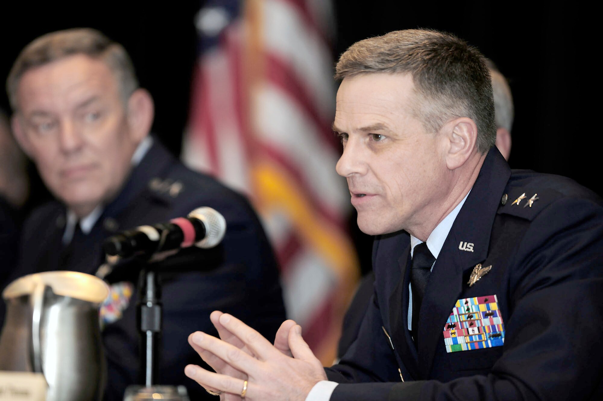 Maj. Gen. William Chambers answers questions during the Nuclear Enterprise panel discussion Sept. 13, 2010, during the Air Force Association's Air and Space Conference and Technology Exposition in Oxon Hill, Md. Other panelists were Gen. Roger Brady, United States Air Forces in Europe commander, Maj. Gen. C. Donald Alston, 20th Air Force commander, Maj. Gen. Floyd Carpenter, 8th Air Force commander, and Brig. Gen. Everett Thomas, Air Force Nuclear Weapons Center. General Chambers is assistant chief of staff for Strategic Deterrence and Nuclear Integration. (U.S. Air Force photo/Scott M. Ash)
