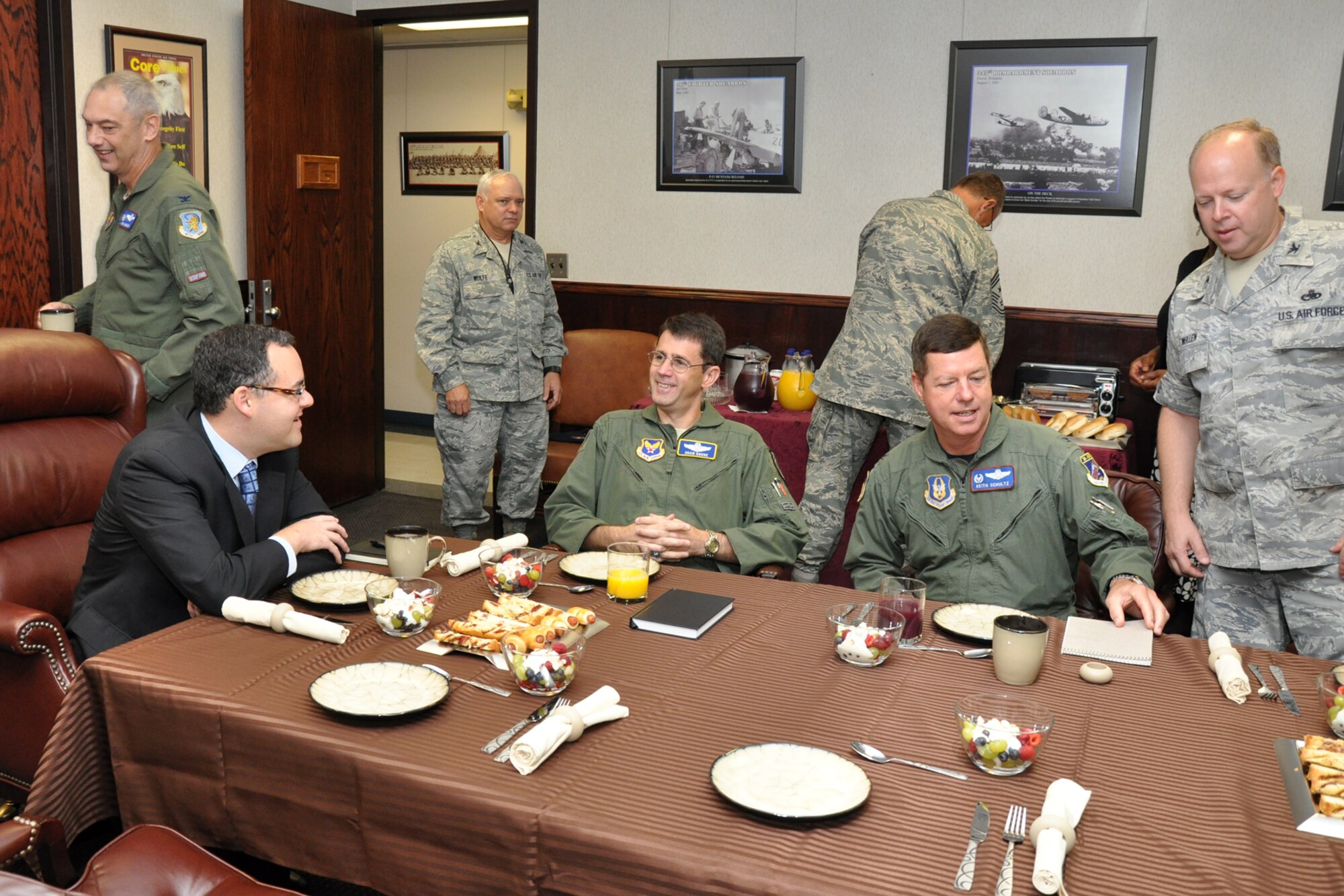 Assistant Secretary of the Air Force for Manpower and Reserve Affairs, the
Honorable Daniel B. Ginsberg, discusses Reserve issues with some of the senior leadership of 917th Wing during a breakfast at the wing headquarters building Sept. 10, 2010. Mr. Ginsberg was at Barksdale Air Force Base, La., to meet with Air Force Global Strike Command leadership Sept. 9-10, but made a stop at the 917th Wing to meet with senior leaders there about the future transition of the 917th Wing to the 307th Bomb Wing. During his visit, Mr. Ginsberg also visited with instructors and students at STARBASE Louisiana, a 917th Wing sponsored program, which presents an exciting 25-hour hands on/minds on aviation and aerospace curriculum to area 5th graders. (U.S. Air Force photo/Tech. Sgt. Jeff Walston)  
 
