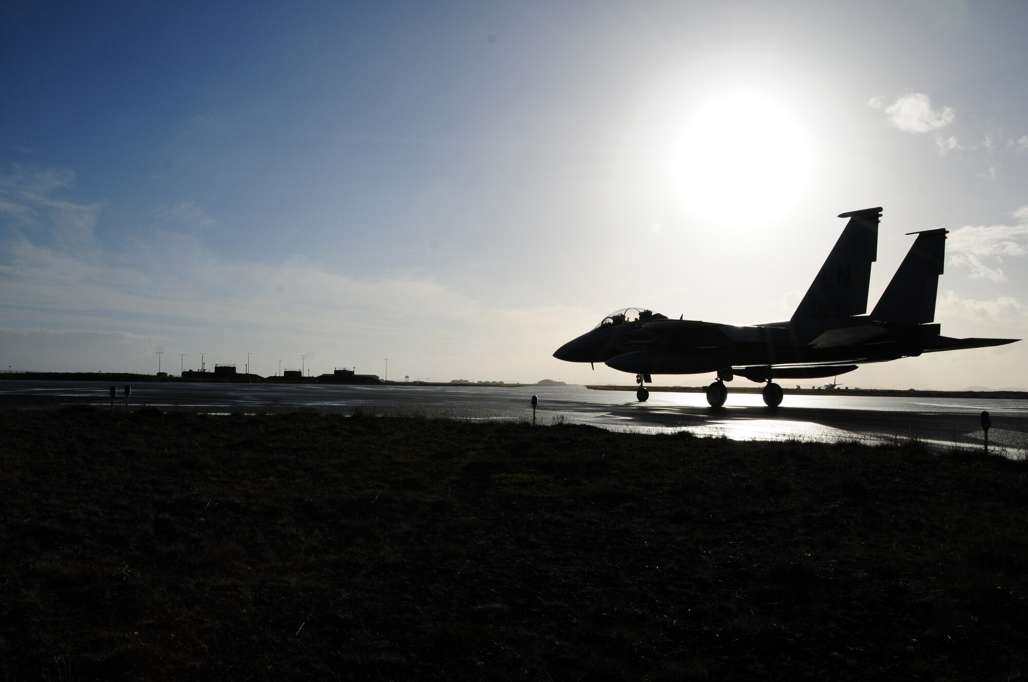 KEFLAVIK, Iceland – An F-15D Eagle taxis to the runway before take-off in support of the NATO air policing mission here Sept. 13, 2010. The F-15D is a two-seat variant of the F-15C. The F-15 Eagle is an all-weather, extremely maneuverable, tactical fighter designed to permit the Air Force to gain and maintain air supremacy over the battlefield.  (U.S. Air Force photo/Senior Airman Stephen Linch)