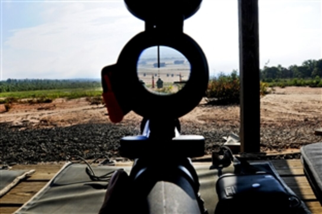 A scope shows a view of a target during weapons training on Fort Jackson’s Bastogne range Sept. 12, 2010. U.S. Air Force airmen assigned to the South Carolina Air National Guard’s 169th Security Forces Squadron used the range to conduct their heavy weapons training. 

