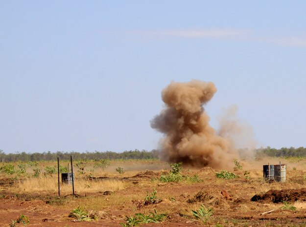 An 81mm mortar explodes on the deck here during exercise Southern Frontier Sept. 14. The training allowed Marines with VMFA(AW)-224 and supporting squadrons to improve their multilateral interoperability and procedures during missions requiring air power.
