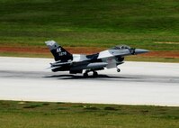 ANDERSEN AIR FORCE BASE, Guam ? An F-16 Agressor lands on the Andersen flightline during the Valiant Shield 2010 exercise, here Sep. 14.  The aircraft is a key component of the major joint flying exercise that kicked off this week. (U.S. Air Force photo by Airman 1st Class Jeffrey Schultze)