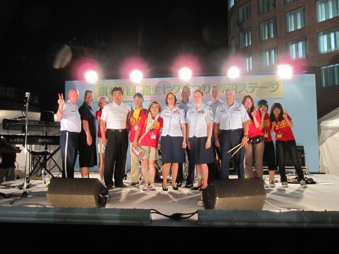 Pacific Trends performs at Tanabata Festival in Fussa City, Tokyo 17 Aug, 2010 in front the new City Hall building. The band also had an opportunity to pose for a picture with the staff and the Mayor of Fussa City, Ikuo Kato-san after the performance.