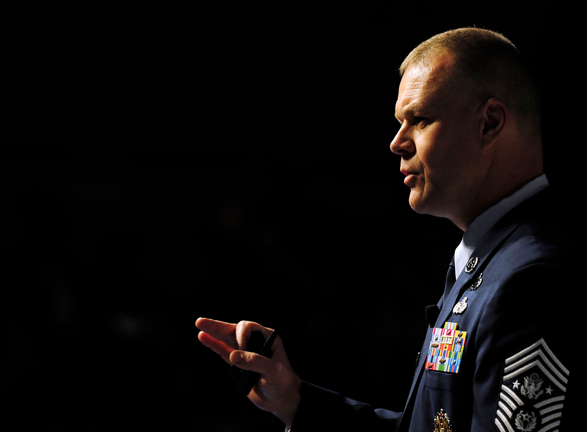 Chief Master Sgt. of the Air Force James Roy addresses attendees of the Air Force Association Air and Space Conference and Technology Exposition, Sept. 15, 2010, at National Harbor in Oxon Hill, Md. He mentioned the deliberate development of Airmen. (U.S. Air Force photo/Scott M. Ash)