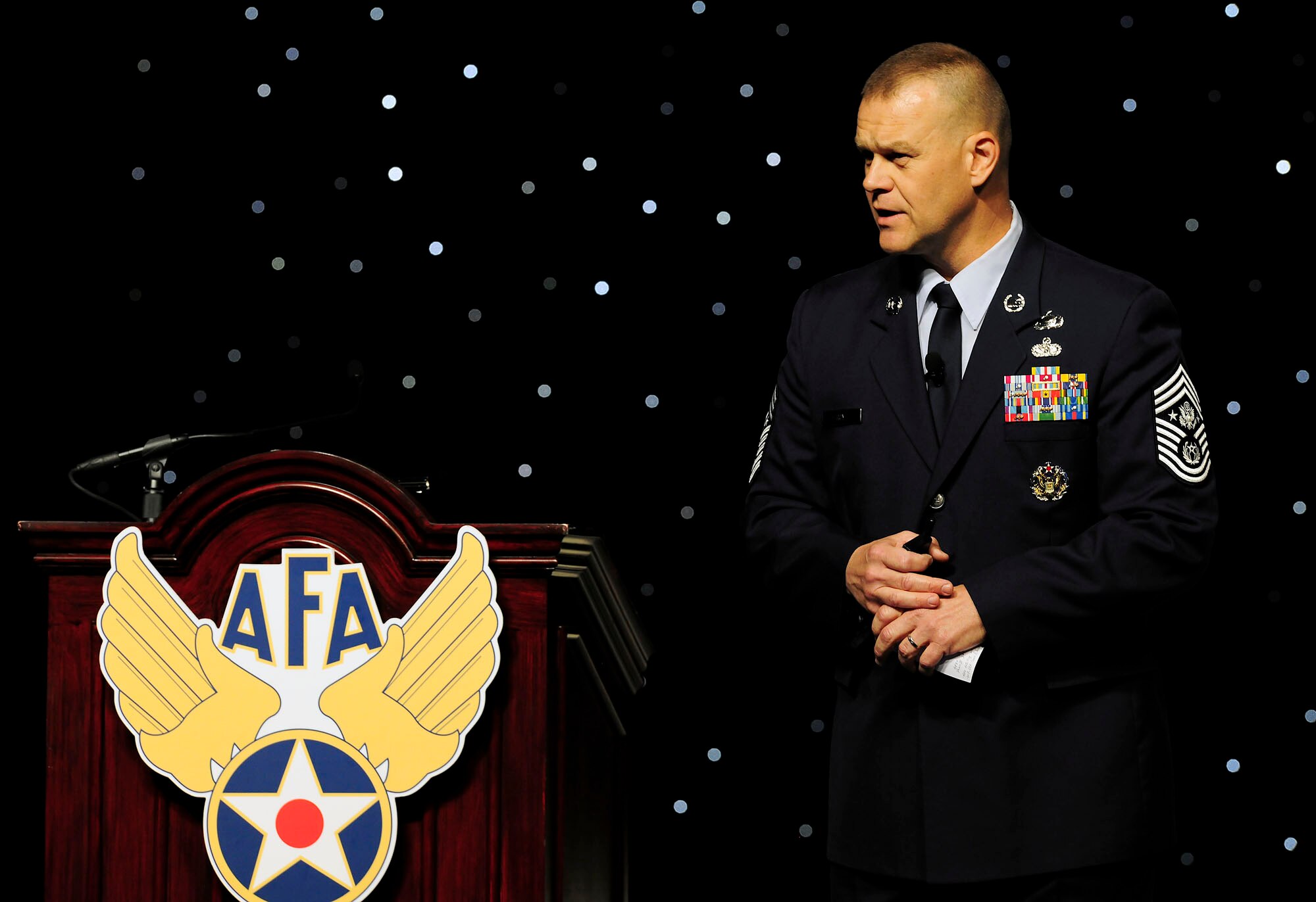 Chief Master Sgt. of the Air Force James Roy addresses attendees of the Air Force Association Air and Space Conference and Technology Exposition, Sept. 15, 2010, at National Harbor in Oxon Hill, Md.  Among other topics, Chief Roy spoke about Airmen in the joint and coalition fight. (U.S. Air Force photo/Scott M. Ash)
