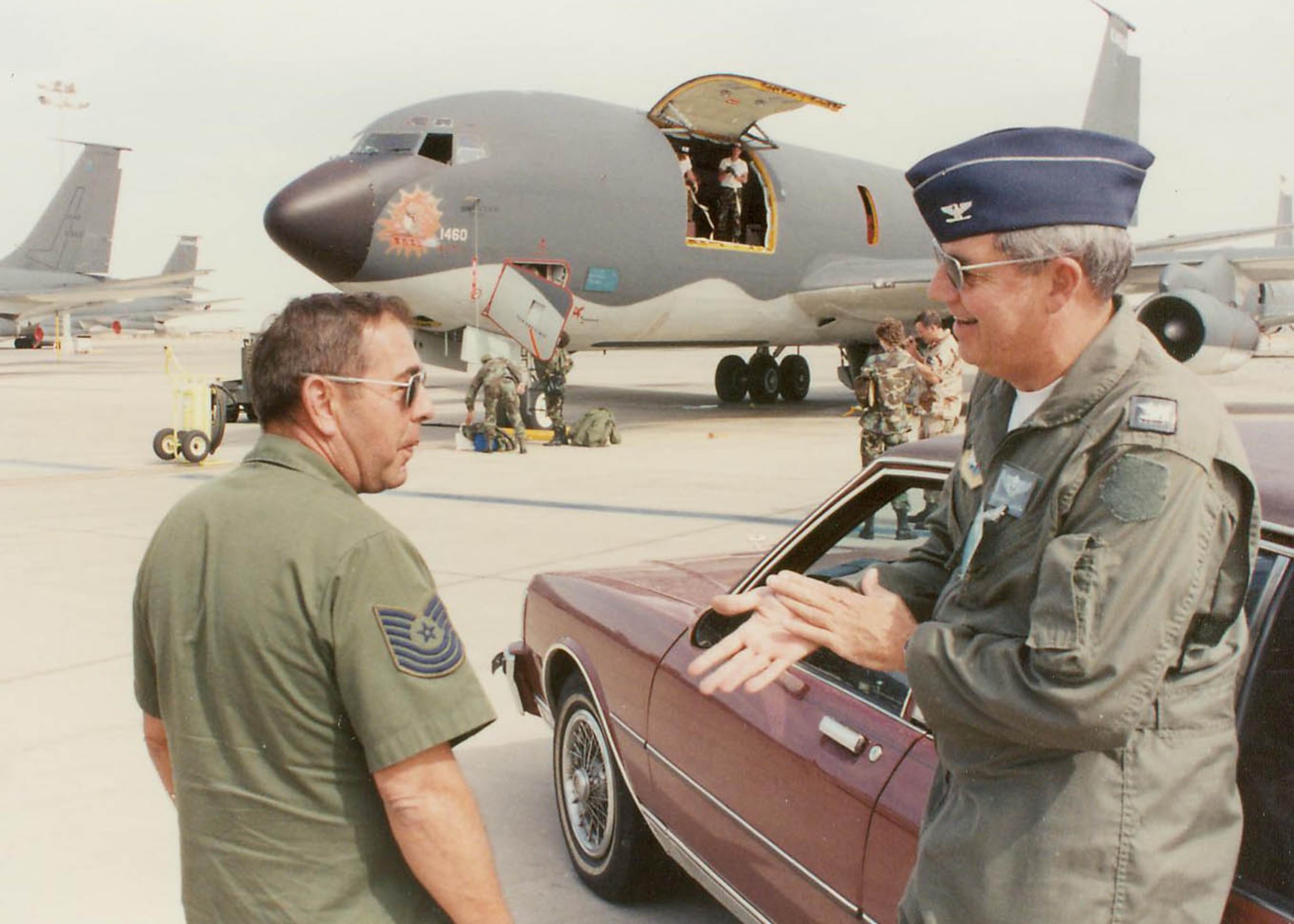 Col. Charles “Mick” Baier (right) chats with a 190th member and awaits the arrival of additional unit members to Prince Abdullah Air Base.