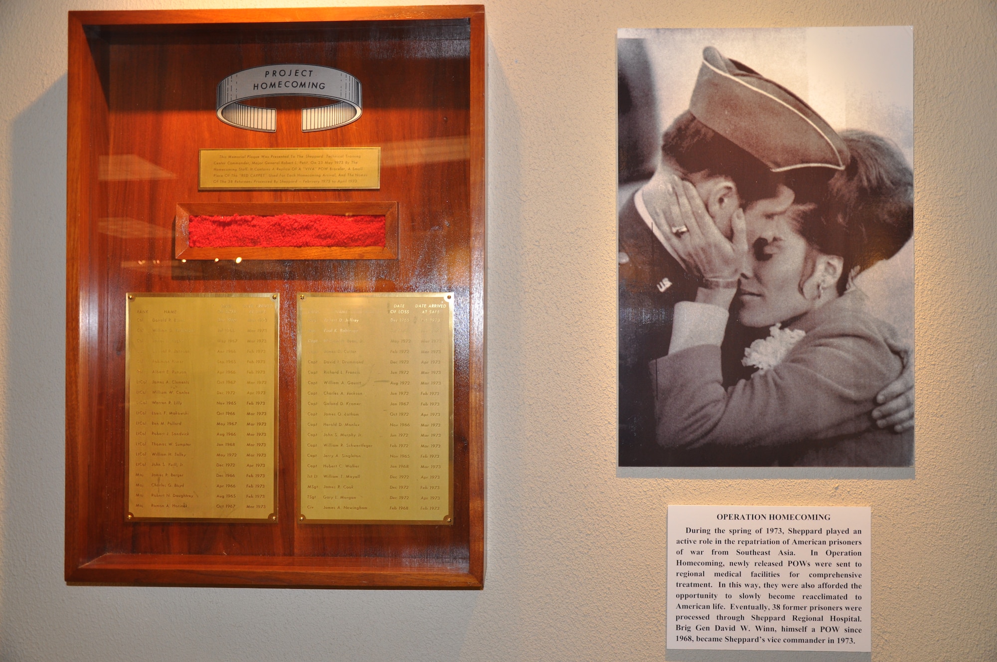 The POW/MIA "Project Homecoming" display at the Sheppard Heritage Center
showcases the names, dates of capture and release, and a piece of the red
carpet used to welcome home former prisoners of war during the Vietnam
conflict.  Sheppard was selected as a regional site to debrief, evaluate and
treat 38 officer, enlisted and civilian former POWs in 1973. (U.S. Air Force
photo/Debi Smith)
