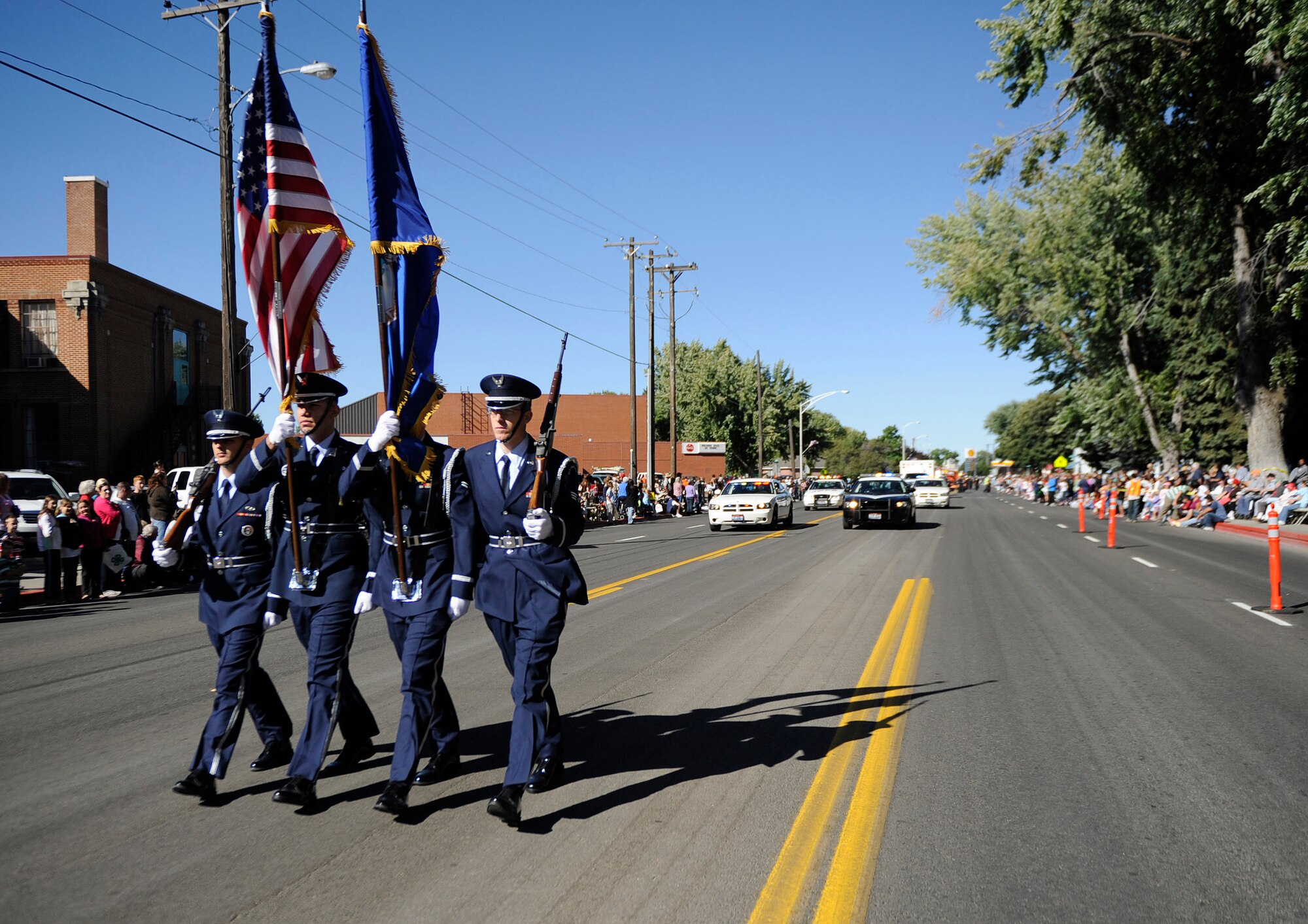 MOUNTAIN HOME AIR FORCE BASE, Idaho -- Members of the base honor guard presents the colors during the Air Force Appreciation Day parade in Mountain Home Sept. 11. This was the 50th anniversary of the AFAD celebration, which celebrates the friendship and partnership between the community and base. (U.S. Air Force photo by Senior Airman Renishia Richardson)