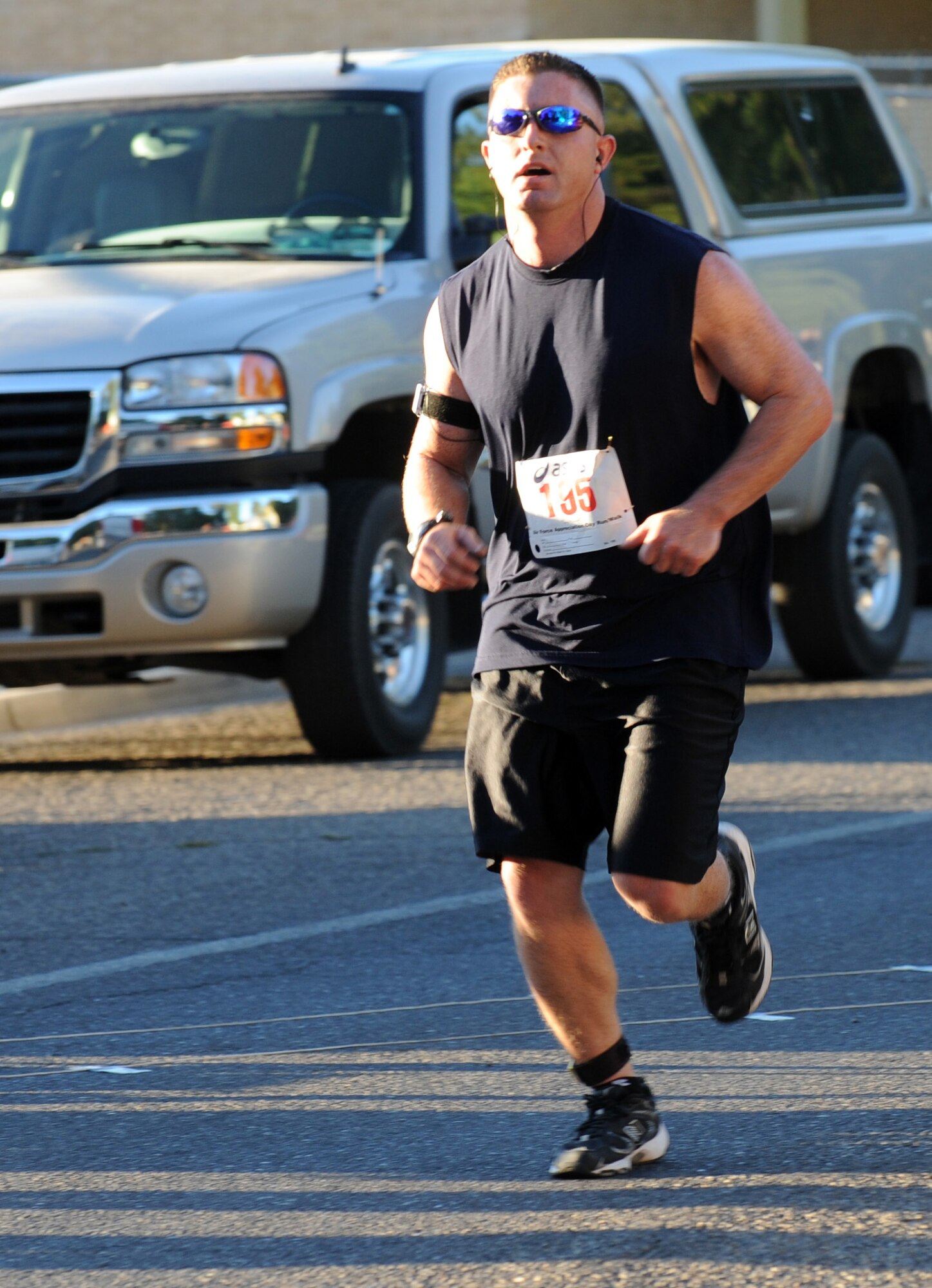 MOUNTAIN HOME AIR FORCE BASE, Idaho -- Kevin Roberts races to the finish line during the annual 5k race at Carl Miller Park Sept 10. The race coincided with a corn shucking competition in celebration of the 50th anniversary of the Air Force Appreciation Day parade and festival. (U.S. Air Force photo by Senior Airman Debbie Lockhart)