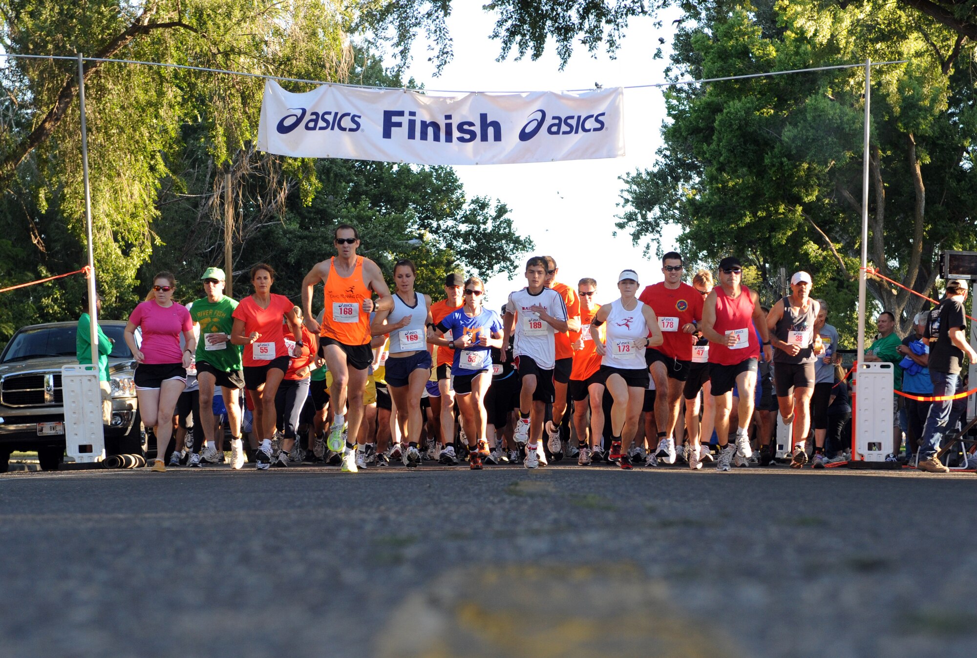 MOUNTAIN HOME AIR FORCE BASE, Idaho – Participants sprint across the starting line as the annual 5k race starts at Carl Miller Park Sept 10. The race coincided with a corn shucking competition in celebration of the 50th anniversary of the Air Force Appreciation Day parade and festival. (U.S. Air Force photo by Senior Airman Debbie Lockhart)