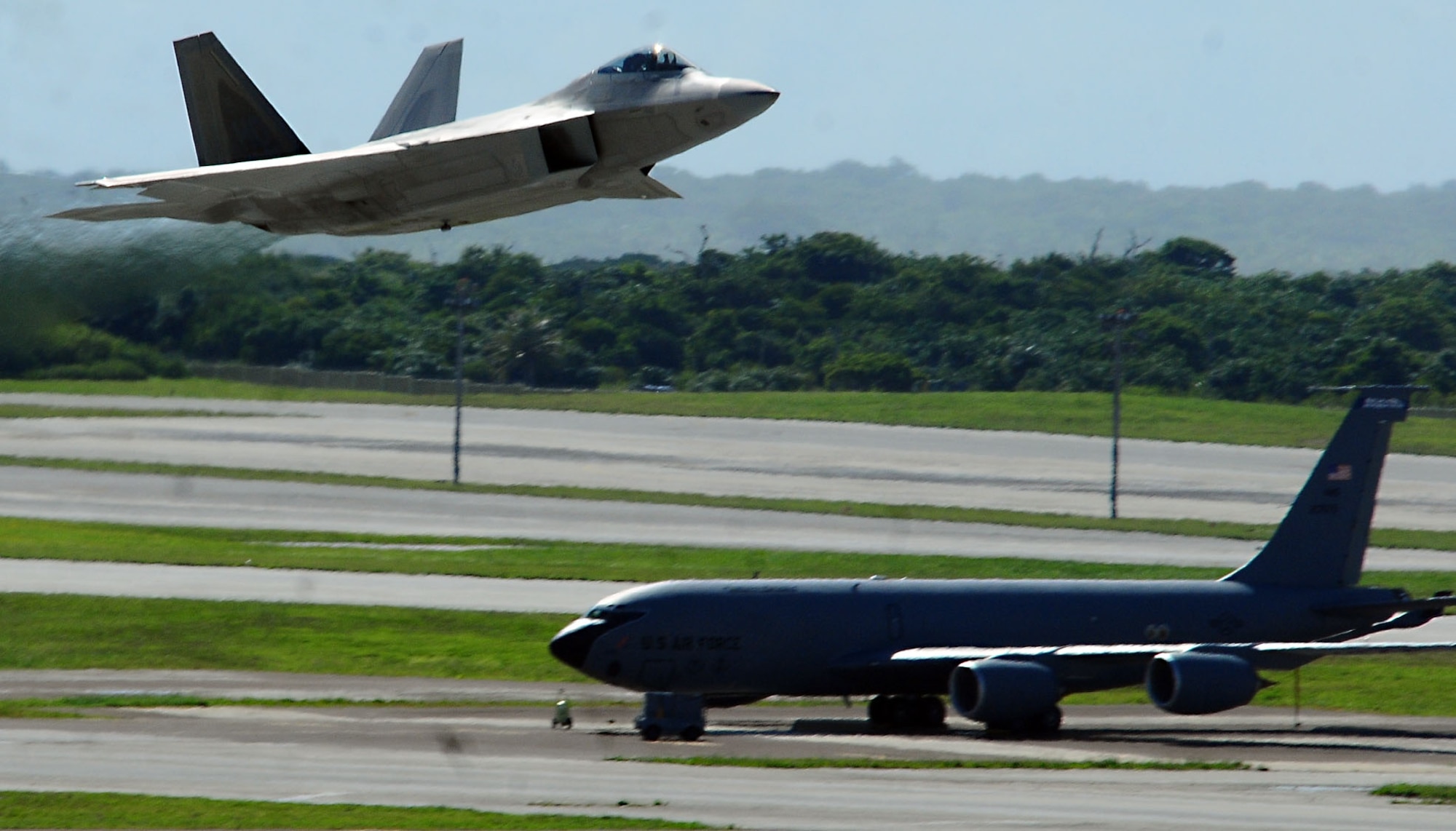 An F-22 Raptor takes off while participating in a training mission at Andersen Air Force Base, Guam, on Sept. 14, 2010. Several units are deployed to Andersen Air Force Base, Guam, in support of Valiant Shield, an integrated joint training and interoperability exercise among U.S. military forces. (U.S. Air Force photo by Airman Julian North)