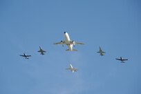 A composite flight of aircraft assigned to Randolph Air Force Base, Texas, flies over Sept. 14, 2010. The lead aircraft, a T-43 Gator, will be officially retired from the Air Force fleet in a ceremony Sept. 17. The T-43 is used in Combat Systems Officer (CSO) training (formerly known as navigator training) under the 562nd and 563rd Flying Training Squadrons here. The CSO mission will continue under the 12th Flying Training Wing, headquartered here at Randolph, with the 479th Flying Training Group in Pensacola Fla. Under the 479th, students will train on aircraft simulators then fly the T-6A Texan and a modified version of the T-1A Jayhawk. (U.S. Air Force photo/Rich McFadden)