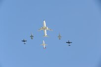 A composite flight of aircraft assigned to Randolph Air Force Base, Texas, flies over Sept. 14, 2010. The lead aircraft, a T-43 Gator, will be officially retired from the Air Force fleet in a ceremony Sept. 17.  The T-43 is used in Combat Systems Officer (CSO) training (formerly known as navigator training) under the 562nd and 563rd Flying Training Squadrons here.  The CSO mission will continue under the 12th Flying Training Wing, headquartered here at Randolph, with the 479th Flying Training Group in Pensacola Fla.  Under the 479th, students will train on aircraft simulators then fly the T-6A Texan and a modified version of the T-1A Jayhawk. (U.S. Air Force photo/Rich McFadden)