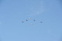 A composite flight of aircraft assigned to Randolph Air Force Base, Texas, flies over Sept. 14, 2010. The lead aircraft, a T-43 Gator, will be officially retired from the Air Force fleet in a ceremony Sept. 17. The T-43 is used in Combat Systems Officer (CSO) training (formerly known as navigator training) under the 562nd and 563rd Flying Training Squadrons here. The CSO mission will continue under the 12th Flying Training Wing, headquartered here at Randolph, with the 479th Flying Training Group in Pensacola Fla. Under the 479th, students will train on aircraft simulators then fly the T-6A Texan and a modified version of the T-1A Jayhawk. (U.S. Air Force photo/Rich McFadden)