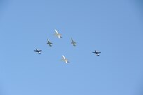 A composite flight of aircraft assigned to Randolph Air Force Base, Texas, flies over the installation Sept. 14, 2010. The lead aircraft, a T-43 Gator, will be officially retired from the Air Force fleet in a ceremony Sept. 17. The T-43 is used in Combat Systems Officer (CSO) training, formerly known as navigator training, under the 562nd and 563rd Flying Training Squadrons here. The CSO mission will continue under the 12th Flying Training Wing, headquartered here at Randolph, with the 479th Flying Training Group in Pensacola Fla. Under the 479th, students will train on aircraft simulators then fly the T-6A Texan and a modified version of the T-1A Jayhawk. (U.S. Air Force photo/Rich McFadden)