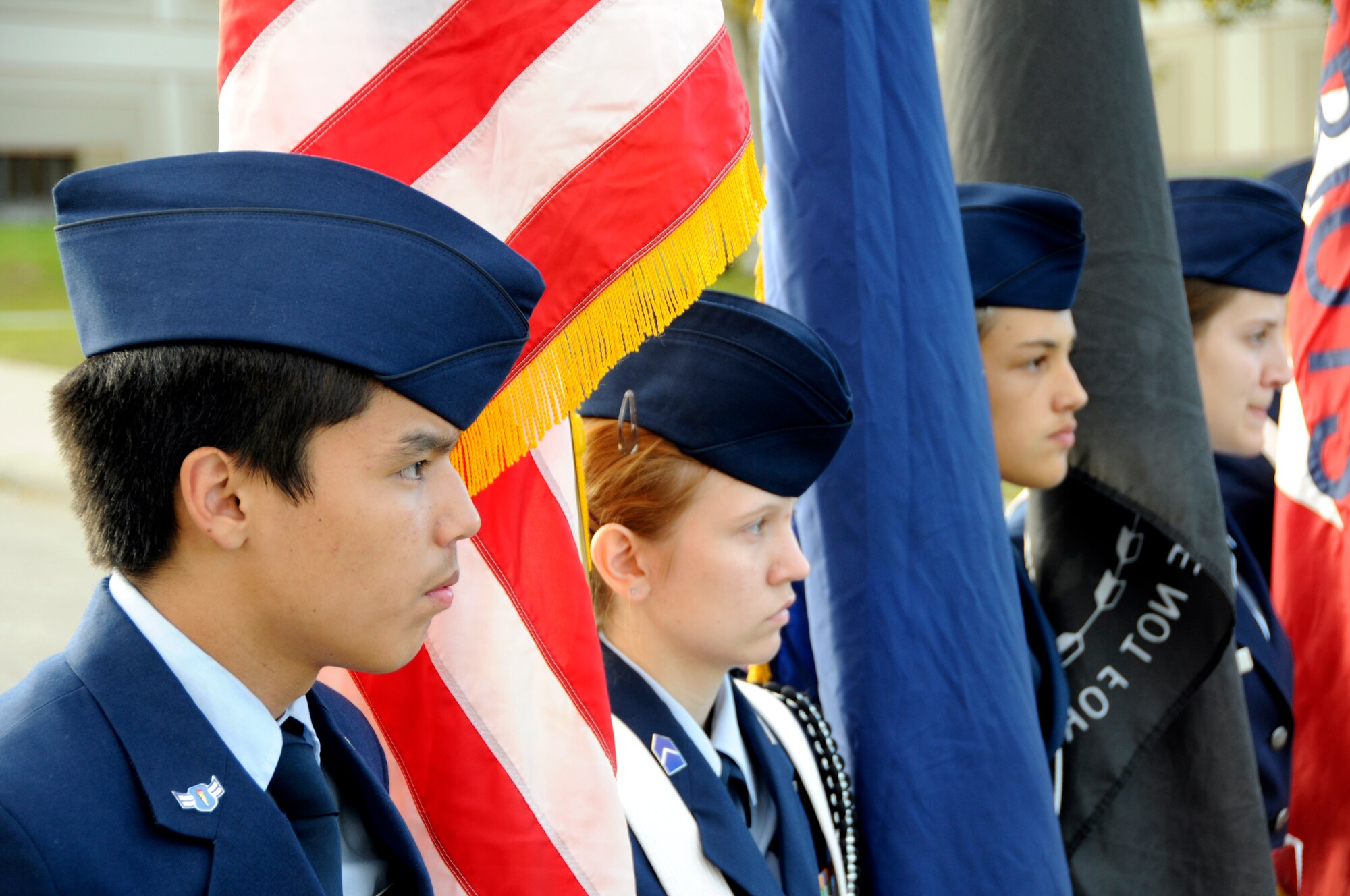 North Pole Patriots Color Guard march through downtown in support of their hometown heroes Sept. 10, 2010, in North Pole, Alaska.  Students dedicated the weekend to military members in thanks for the continual sacrifices.  Cadets are members of the North Pole High School Air Force Junior Reserve Officer Training Corps program. (U.S. Air Force photo/ Airman 1st Class Yash Rojas)
