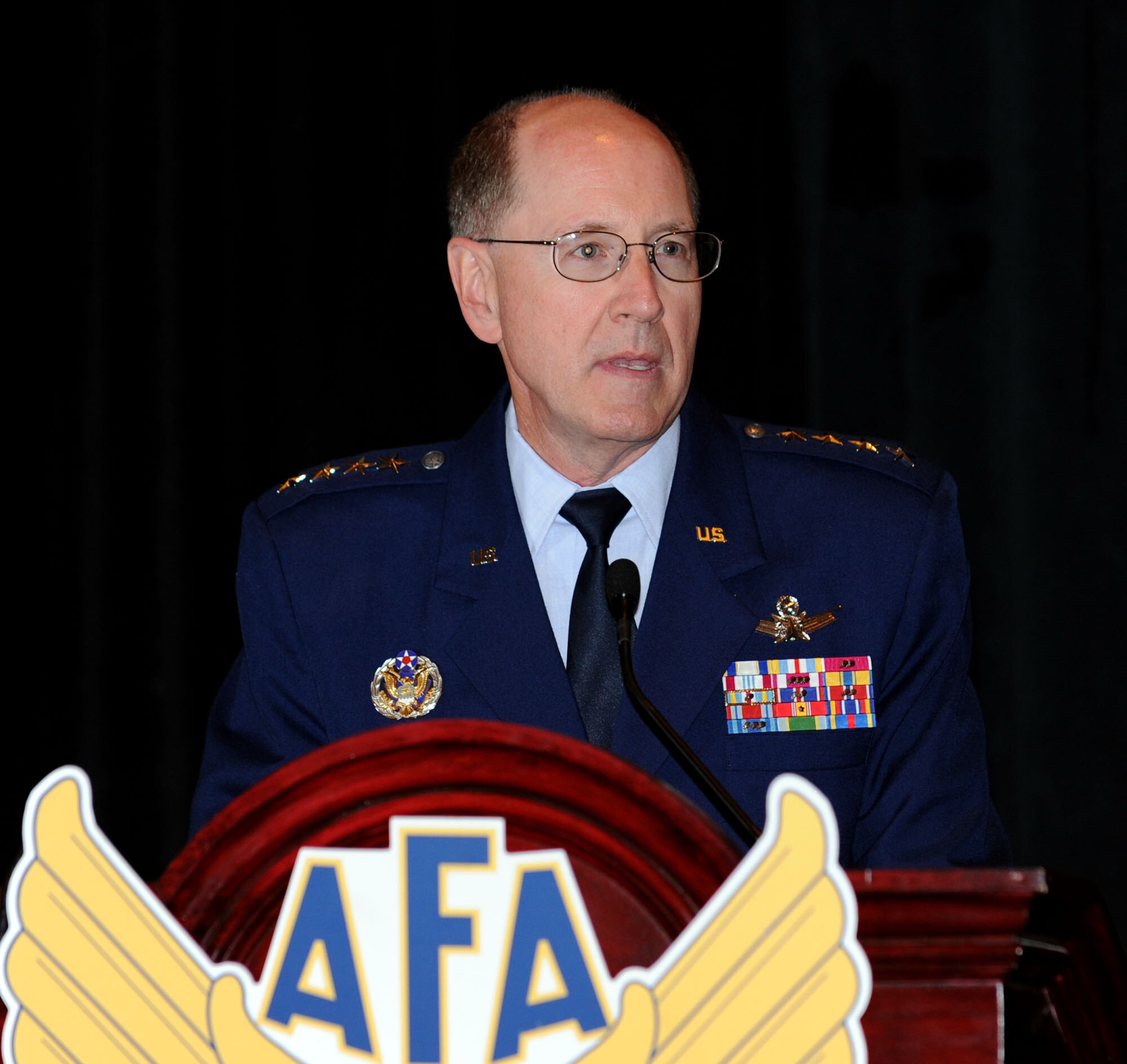 Gen. C. Robert Kehler, commander of Air Force Space Command, discusses space and cyberspace Sept. 14, 2010, at the Air Force Association Air and Space Conference and Exposition at National Harbor in Oxon Hill, Md.  (U.S. Air Force photo/Andy Morataya)