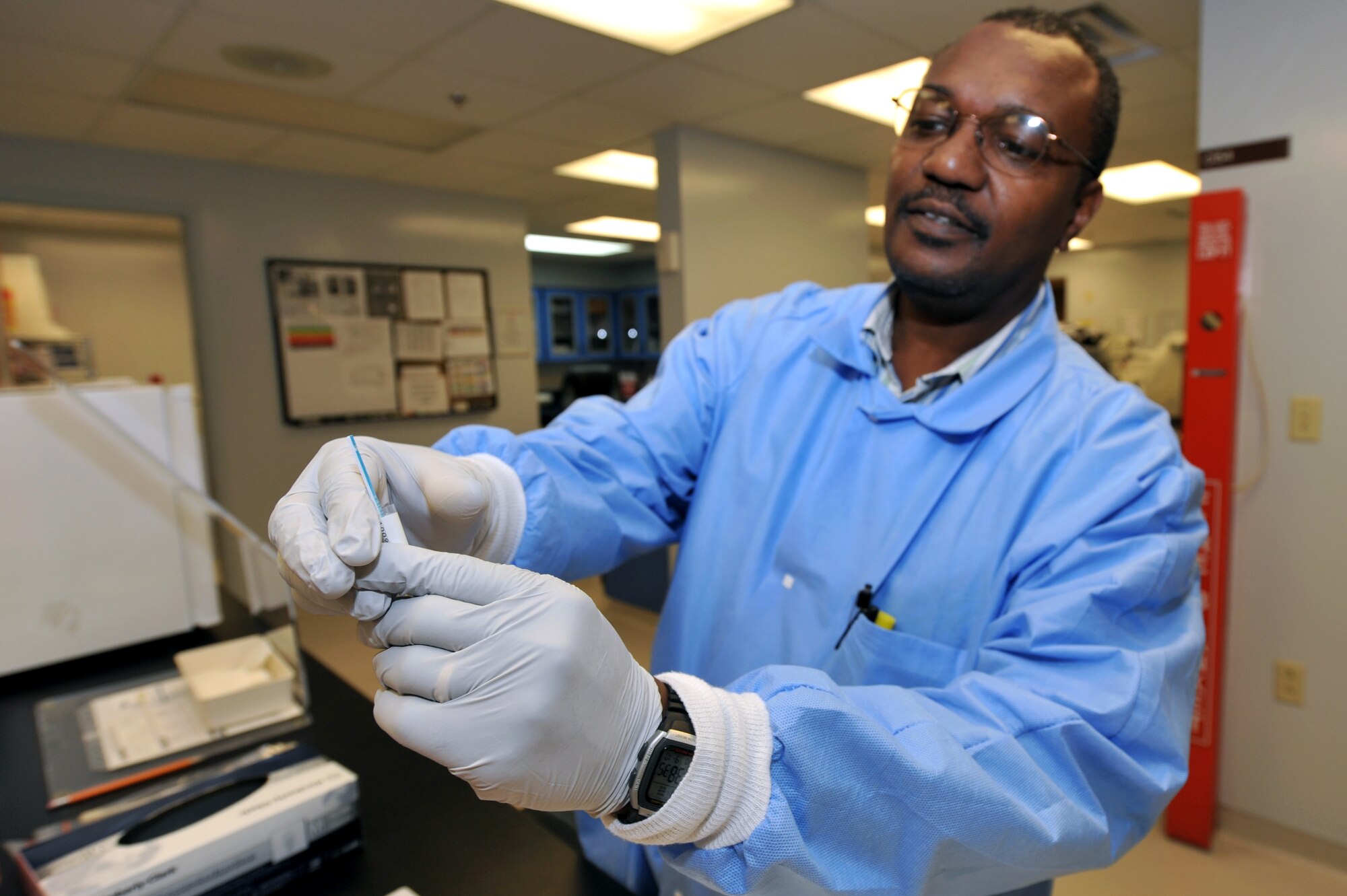 Victor Hill, 19th Medical Group lab technician, performs a rapid strep test Sept. 10. The 19th Medical Group laboratory provides more than 3,000 in-house lab test per month. (U.S. Air Force photo by Staff Sgt. Chris Willis)