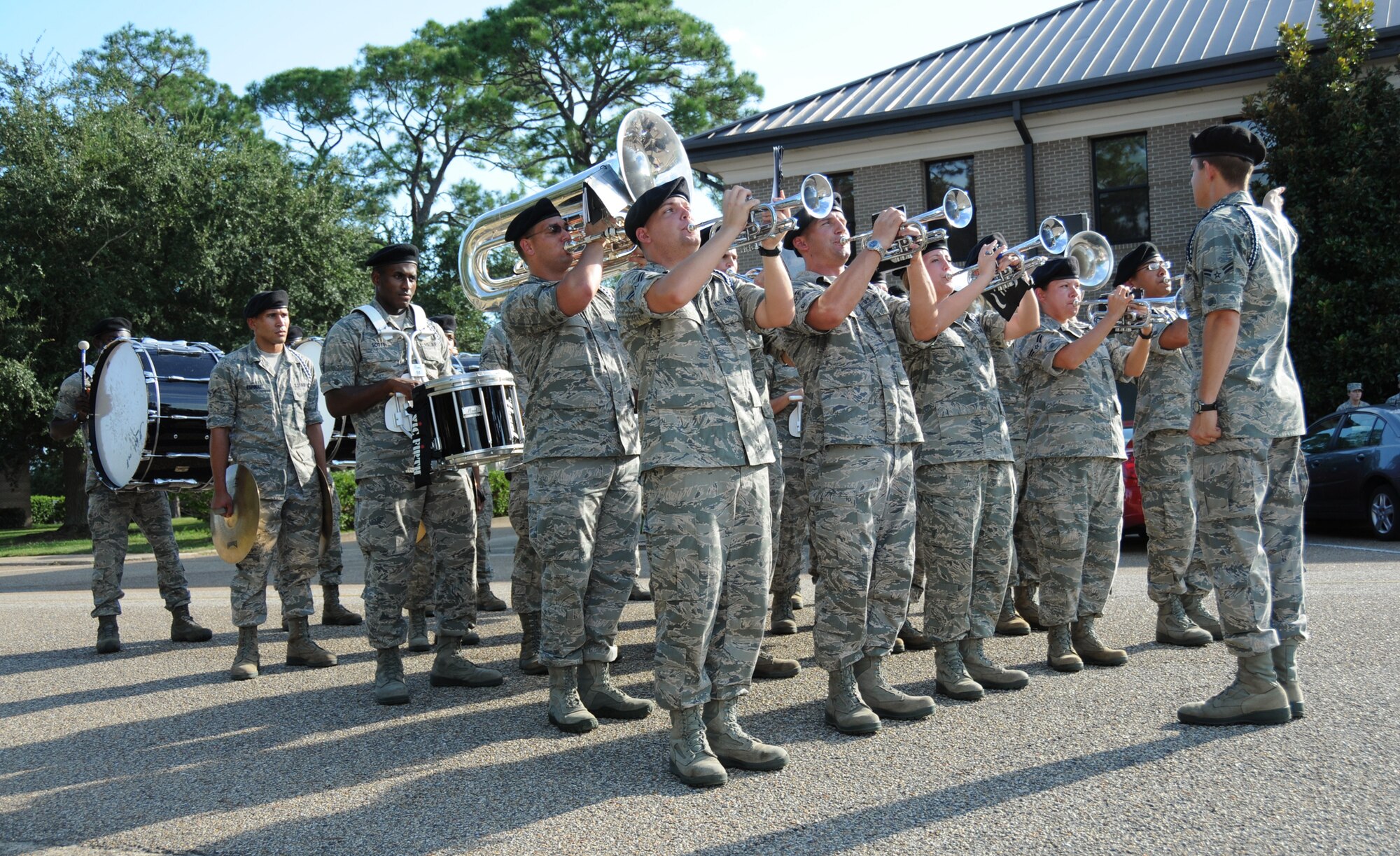 The 81st Training Group's Drum and Bugle Corps performs during Friday’s formal retreat in front of 81st Training Wing headquarters.  The ceremony commemorated the Sept. 11, 2001, terrorist attacks on the United States and honored all people who have given their lives in defense of America’s freedom.   (U.S. Air Force photo by Kemberly Groue)