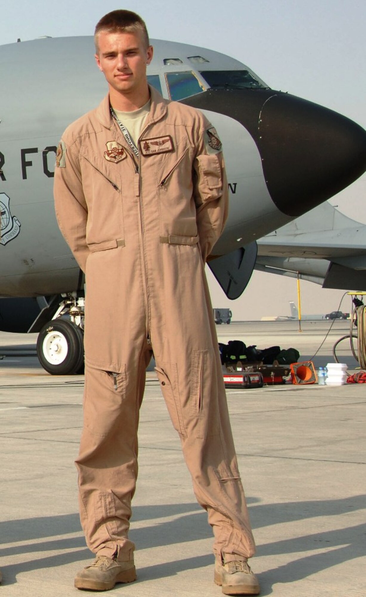 Airman 1st Class Sam Johnson is a KC-135 Stratotanker in-flight refueling journeyman, or boom operator, deployed with the 340th Expeditionary Air Refueling Squadron, 379th Air Expeditionary Wing, at a non-disclosed base in Southwest Asia. Here he is pictured on Sept. 1, 2010. Airman Johnson is deployed from the 384th Air Refueling Squadron, 22nd Air Refueling Wing, at McConnell Air Force Base, Kan. (U.S. Air Force Photo/Tech. Sgt. Kimberly Spinner)