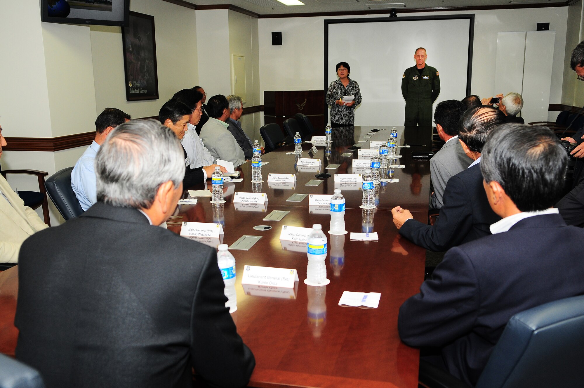 YOKOTA AIR BASE, Japan -- Members of the Japan Air Force Goodwill Association are welcomed by Col. Otto Feather today.  JAAGA is a community organization aimed at promoting friendship and mutual understanding between Japan Air Self Defense Forces and the U.S. Air Force. (U.S. Air Force photo by Staff Sgt. Stacy Moless)