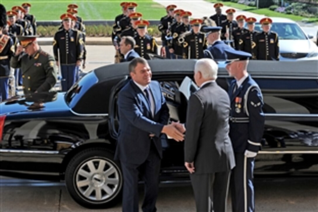 Defense Secretary Robert M. Gates welcomes Russian Defense Minister Anatoliy Serdyukov to the Pentagon on Sept. 15, 2010. The two defense leaders were slated to spend a full day meeting on a variety of bilateral security issues.  
