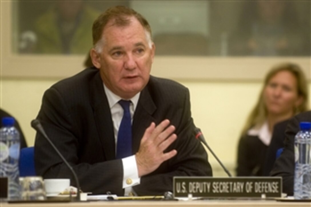 Deputy Secretary of Defense William J. Lynn III speaks at the NATO North Atlantic Council’s cyber presentation in Brussels, Belgium, on Sept. 14, 2010.  