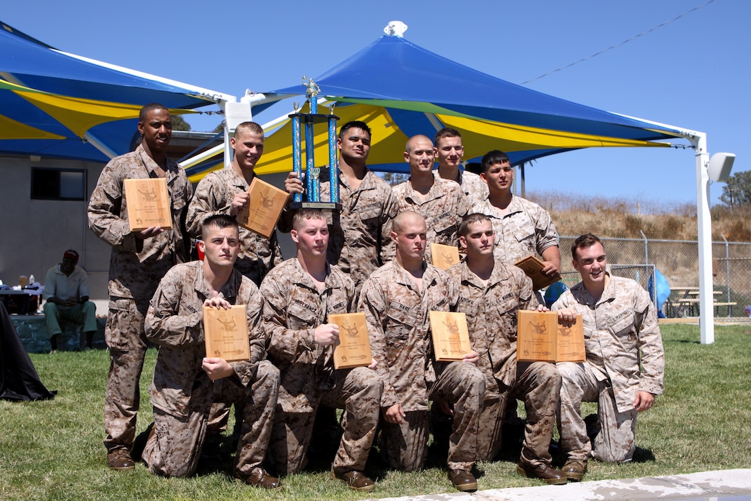 The 9th Communication Battalion “Chaps” proudly display their first place trophy and plaques for competing in the Pendleton Cup Combat Water Polo tournament at Camp Pendleton’s 13 Area pool, Sept.15.  The Pendleton Cup series provides active duty personnel, regardless of skill or experience, an opportunity to take part in a variety of competitive unit sports.