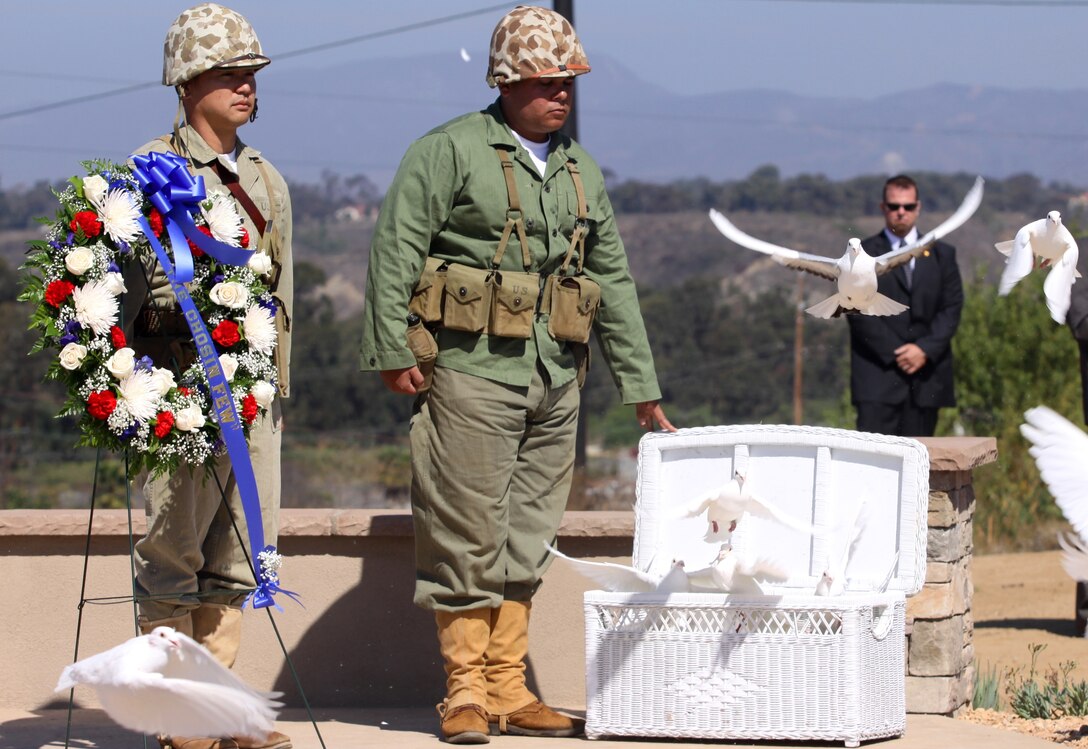 Doves are released during a Chosin Reservoir monument dedication ceremony at the Camp Pendleton South Mesa Club, Sept. 15. The ceremony was held to honor the 60th anniversary of Operation Chromite; the dangerous and difficult amphibious landing at Inchon, Korea, Sept. 15, 1950.