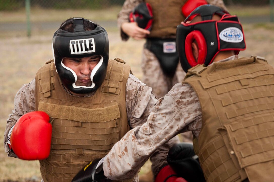 Sgt. Michael Armendariz, a student with Martial Arts Instructor Course 7-10, boxes with a fellow student during the course's final event, a Combat Conditioning Drills, near the Marine Corps Air Station Kaneohe Bay flightline here Sept. 15. During the exhausting event, students hiked, sparred, grappled, boxed, and performed other team- and individual effort-based drills with their two squads.