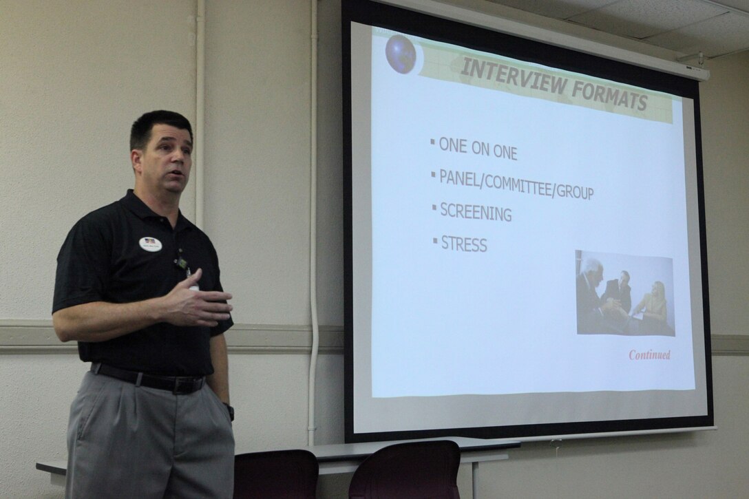 Dave Walters, the transition assistance program coordinator and an interviewing techniques workshop instructor with the Career Resource Management Center, Marine Corps Community Services, Marine Corps Base Camp Lejeune, explains the various types of interview formats during an interviewing techniques workshop at the Russell Marine and Family Services Center aboard the base, recently.  The course taught service members, families, retirees and Department of Defense civilians a variety of topics such as how to dress appropriately, address challenging questions and avoid pitfalls.