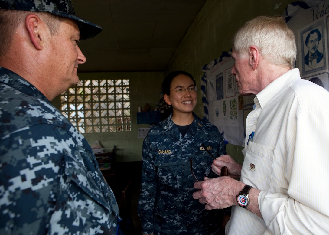 Left, U.S. Navy Capt. William J. Tanner, joint medical group commander for Operation Continuing Promise 2010 (CP10) and Robert J. Callahan, U.S. Ambassador to Nicaragua, visit a doctor working at a medical site in Bluefields, Nicaragua, Sept. 16, 2010. Service members and civilians are deployed in support of CP10 providing humanitarian assistance, disaster relief and subject-matter exchanges to the Caribbean, Central and South America.