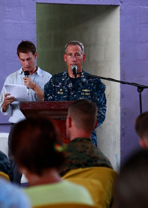 U.S. Navy Capt. Thomas M. Negus, commodore of Operation Continuing Promise 2010 (CP10), gives his remarks while attending the opening ceremony of humanitarian assistance operations at a medical site in Bluefields, Nicaragua, Sept. 16, 2010. Service members and civilians are deployed in support of CP10, providing humanitarian assistance, disaster relief and subject-matter exchanges to the Caribbean, Central and South America.