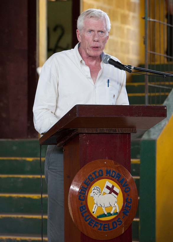 Robert J. Callahan, U.S. Ambassador to Nicaragua, gives his remarks while attending the opening ceremony of humanitarian assistance operations at a medical site in Bluefields, Nicaragua, Sept. 16, 2010. Service members and civilians are deployed in support of Operation Continuing Promise 2010, providing humanitarian assistance, disaster relief and subject-matter exchanges to the Caribbean, Central and South America.