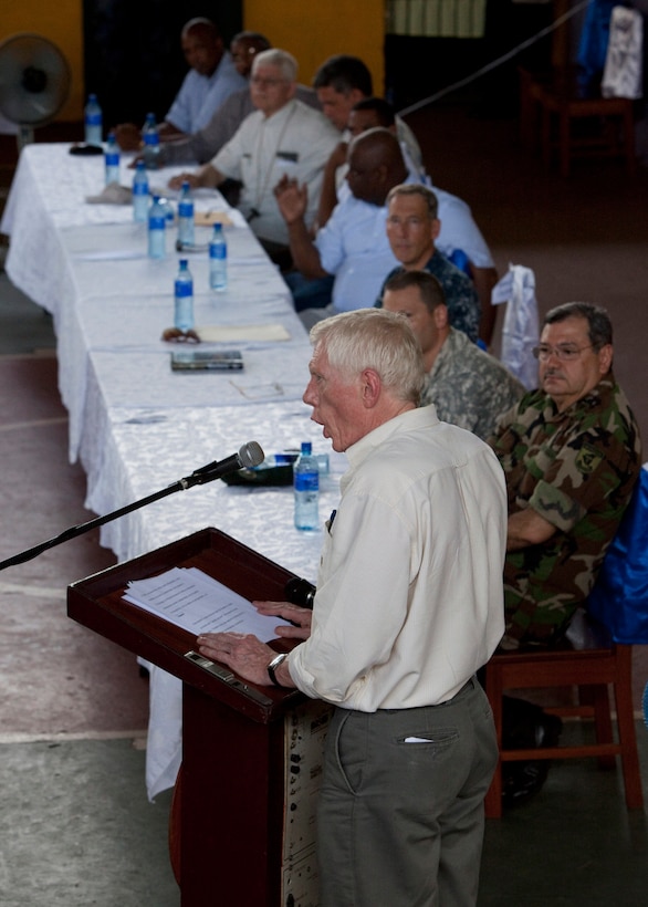 Robert J. Callahan, U.S. Ambassador to Nicaragua, gives his remarks while attending the opening ceremony of humanitarian assistance operations at a medical site in Bluefields, Nicaragua, Sept. 16, 2010. Service members and civilians are deployed in support of Operation Continuing Promise 2010, providing humanitarian assistance, disaster relief and subject-matter exchanges to the Caribbean, Central and South America.