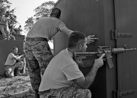 A 919th Security Forces Squadron fire team practices bound and overwatch procedures Sept. 12 during the UTA weekend. (U.S. Air Force photo/Samuel King Jr.)
