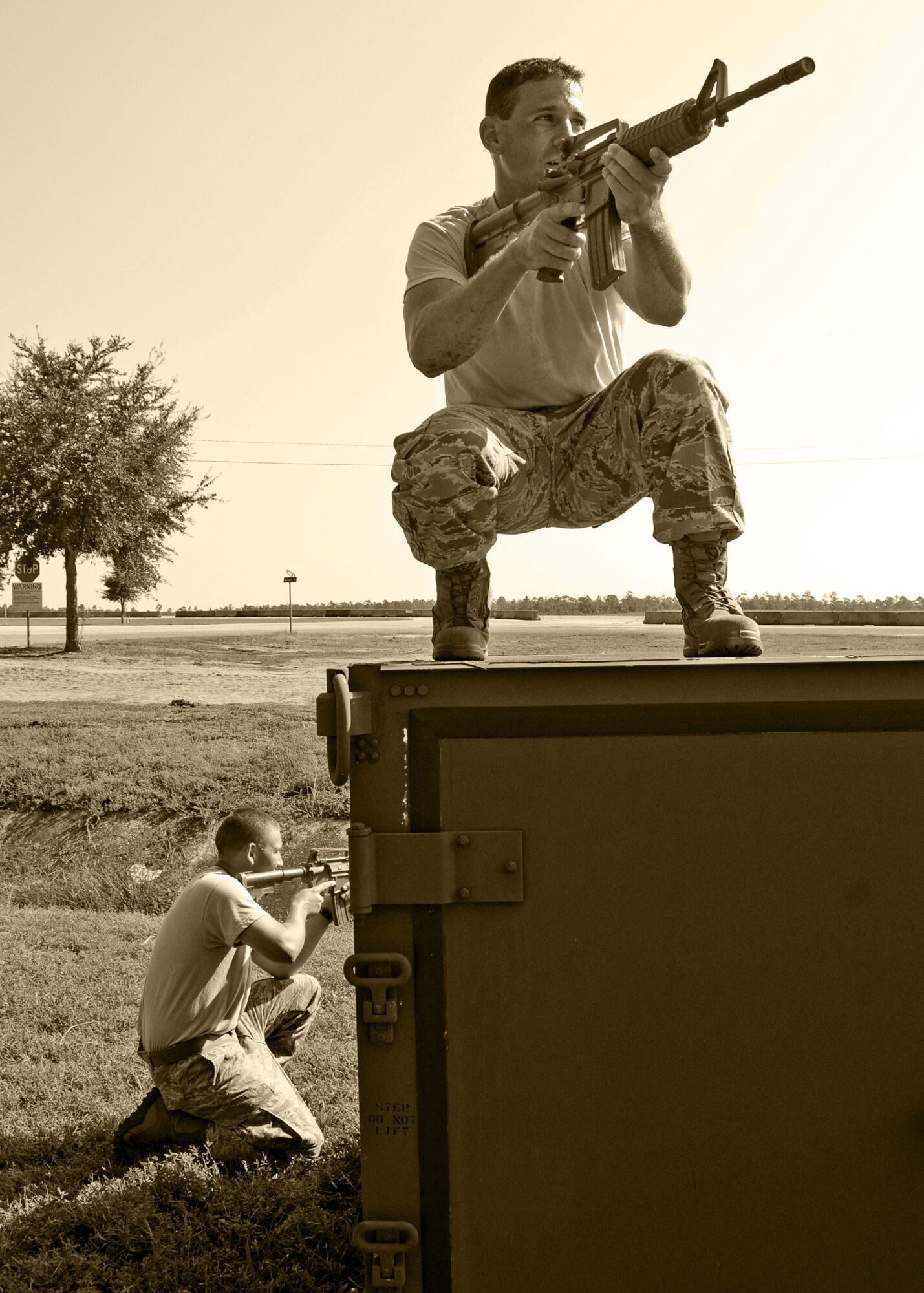 Senior Airman Ian Knight, 919th Security Forces Squadron, takes the high position during a bound and overwatch training procedure Sept. 12 during the UTA weekend. (U.S. Air Force photo/Samuel King Jr.)