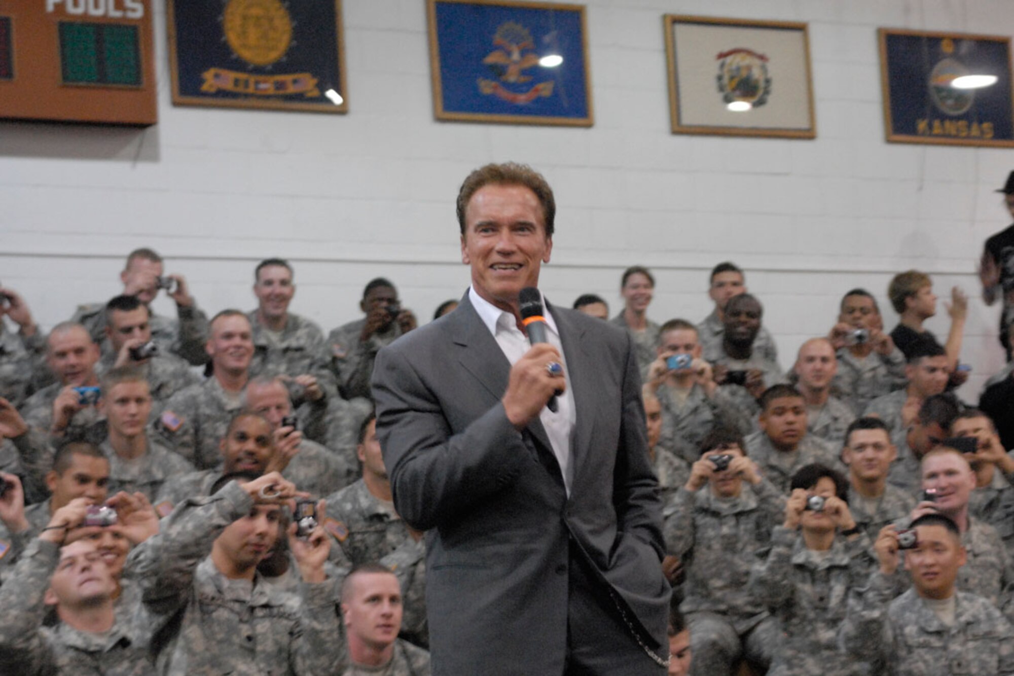 California Gov. Arnold Schwarzenegger addresses U.S. servicemembers during a rally at Yongsan Garrison Sept. 15. (U.S. Air Force photo/Staff Sgt. Jared Whitecar)