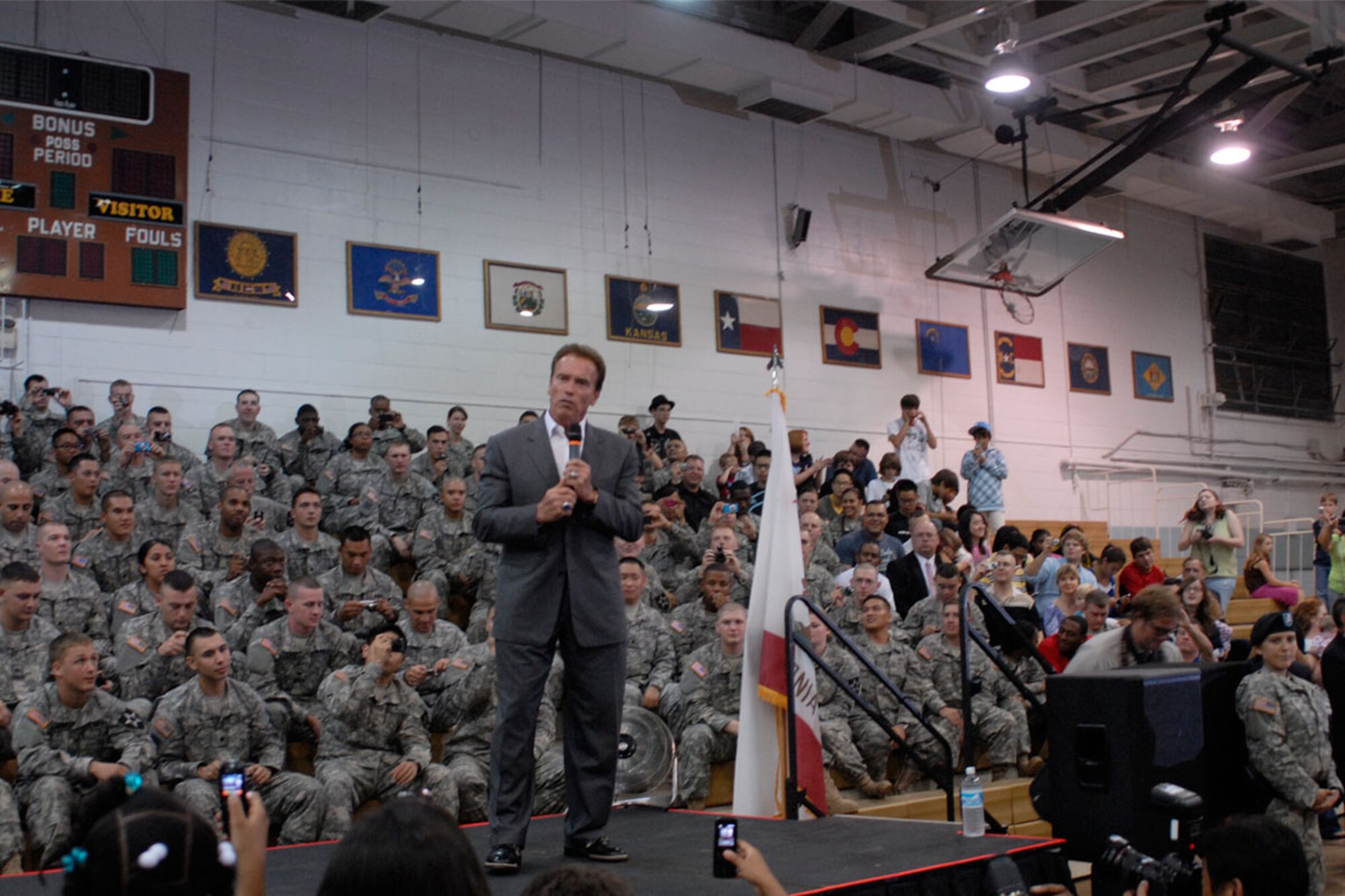 California Gov. Arnold Schwarzenegger addresses U.S. servicemembers during a rally at Yongsan Garrison Sept. 15. (U.S. Air Force photo/Staff Sgt. Jared Whitecar)