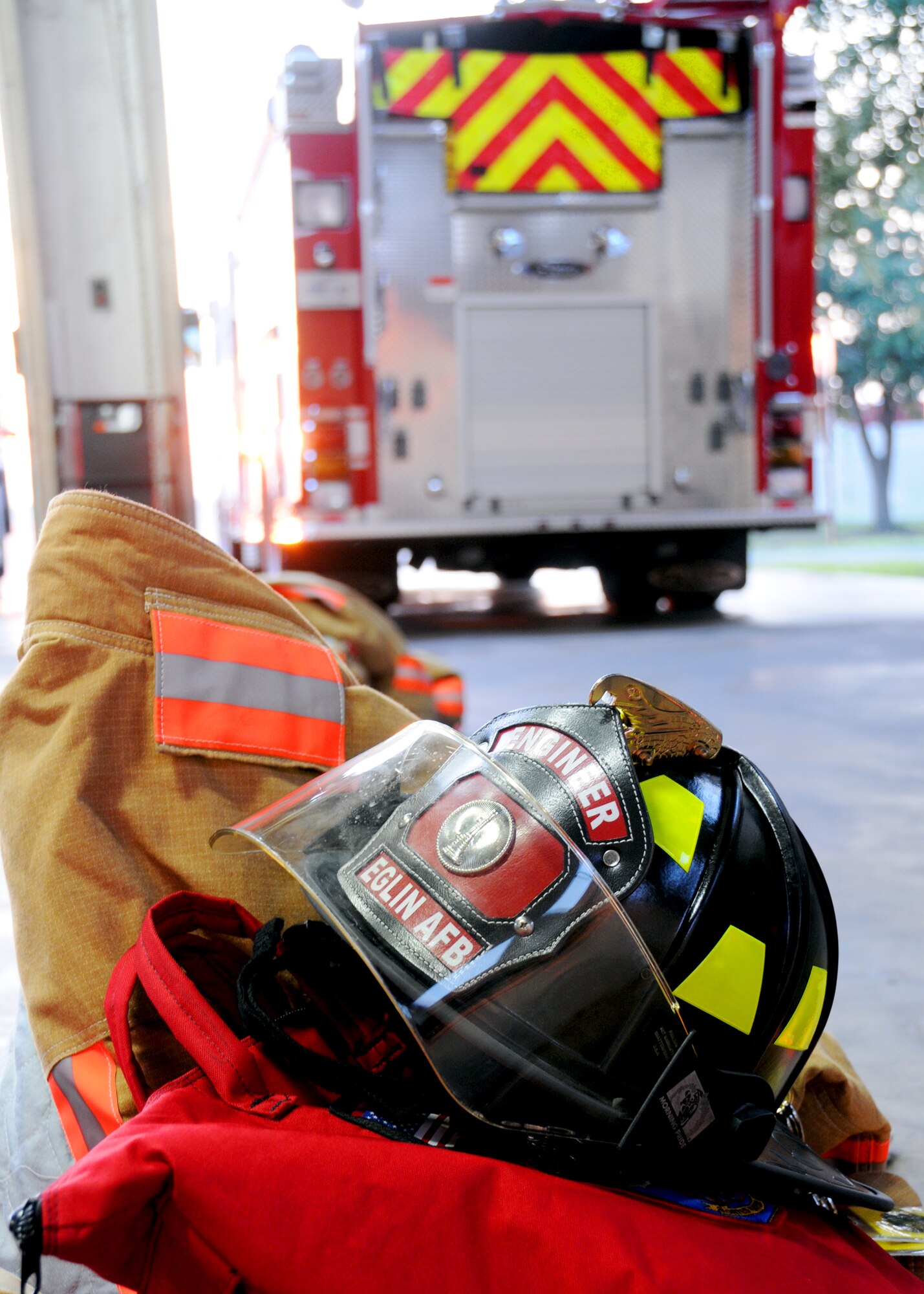 Firefighter's gear sits at the ready during a shift change at the Duke Field fire-station Sept. 12.  (U.S. Air Force photo/Samuel King Jr.)