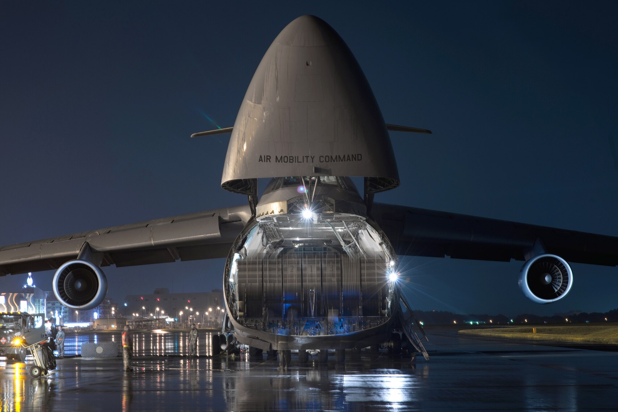 YOKOTA AIR BASE, Japan -- A 60th Air Mobility Wing C-5 Galaxy aircraft assigned to Travis Air Force Base, with nose visor closed on the flightline here Sept. 15. Airmen from the 730th Air Mobility Squadron performed a two hour quick turn on the C-5 as part of normal duty operations. (U.S. Air Force photo/Osakabe Yasuo)