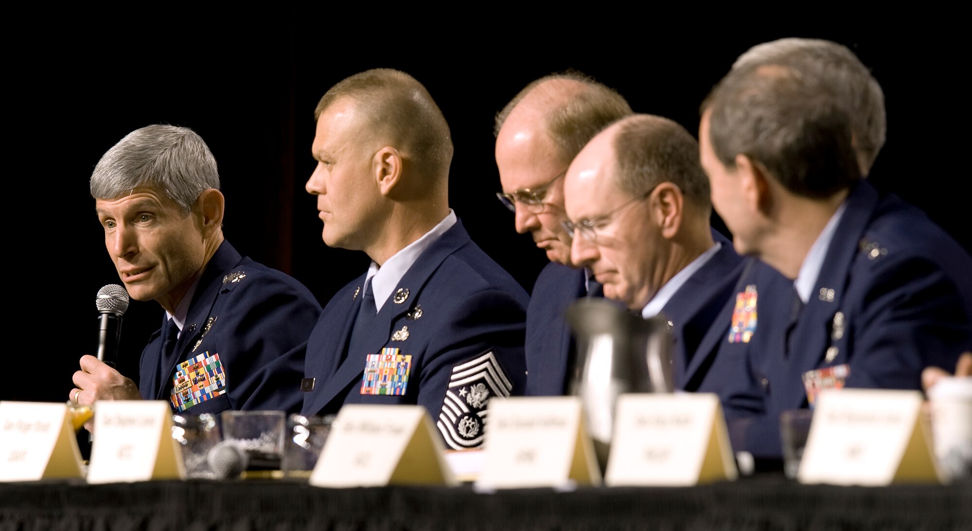 Air Force Chief of Staff Gen. Norton Schwartz (left) answers a question during a four-star forum Sept. 15, 2010, at the Air Force Association 2010 Air and Space Conference and Technology Exposition at National Harbor in Oxon Hill, Md. The forum provided a chance for conference attendees to pose questions directly to Air Force senior leaders. (U.S. Air Force photo/Jim Varhegyi)