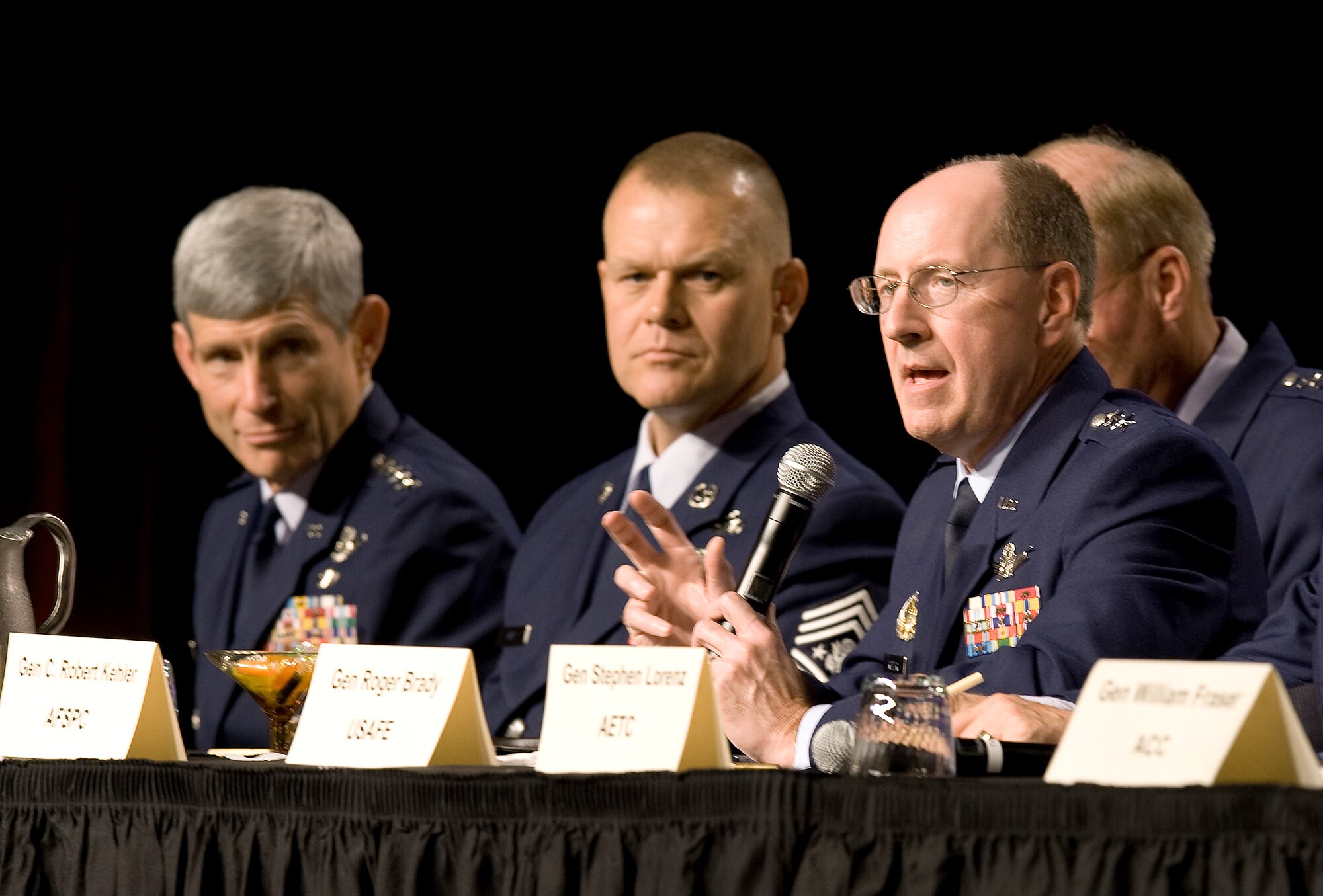 Gen. C. Robert Kehler answers a question during a four-star forum Sept. 15, 2010, at the Air Force Association 2010 Air and Space Conference and Technology Exposition at National Harbor in Oxon Hill, Md. Led by Air Force Chief of Staff Gen. Norton Schwartz, the forum provided a chance for conference attendees to pose questions directly to Air Force senior leaders. General Kehler is the Air Force Space Command commander. (U.S. Air Force photo/Jim Varhegyi)