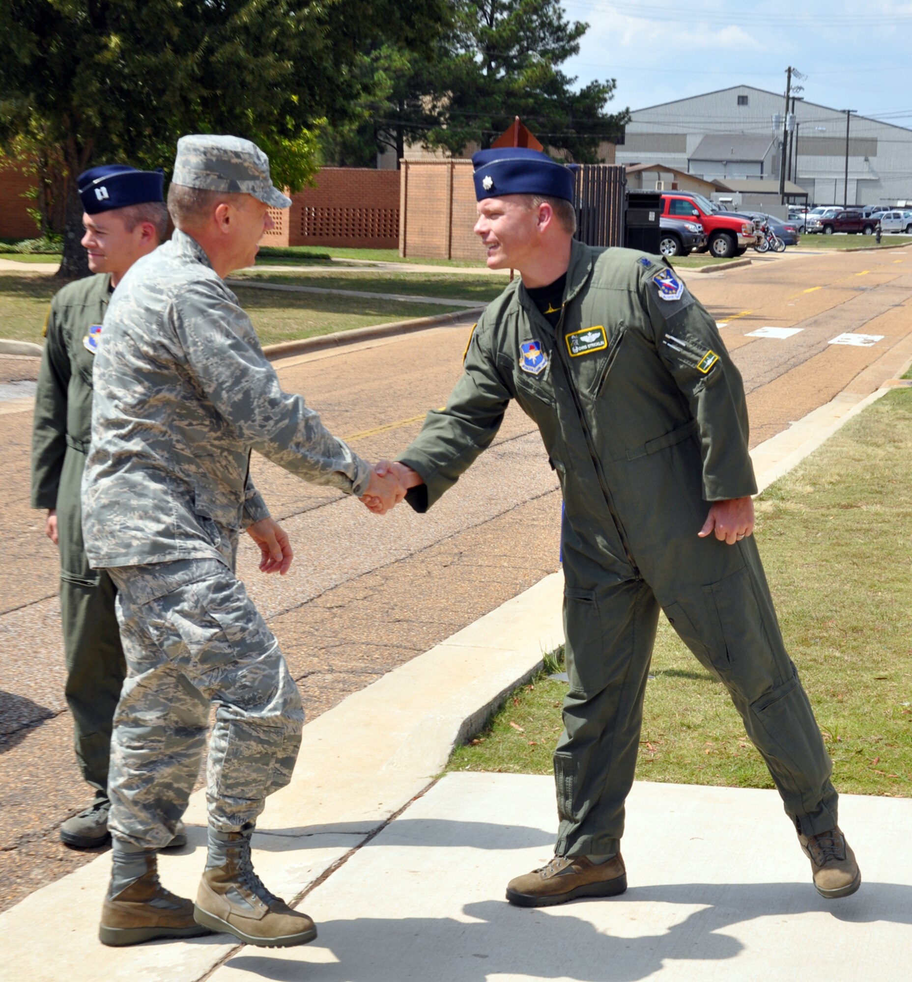Gen. Donald Hoffman, Air Force Materiel Command commander, is greeted by 49th Fighter Training Squadron Commander Lt. Col. Chris Stricklin. General Hoffman was a previous 14th OG commander. 