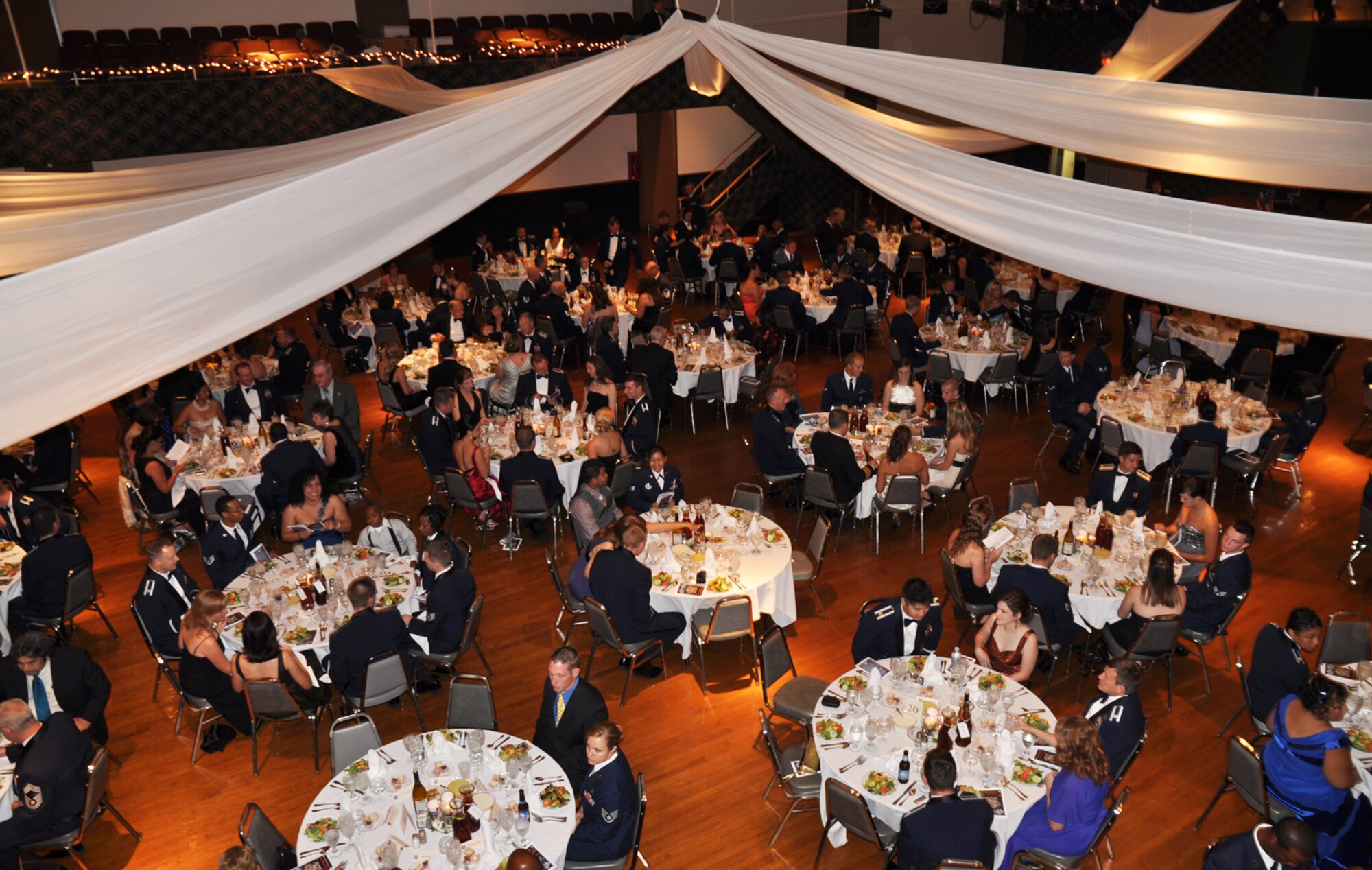 Nearly 400 Airmen, spouses, friends and community supports of Columbus AFB came together to mark the Air Force’s 63rd Birthday at the Air Force Birthday Ball held in the Trotter Convention Center in downtown Columbus Friday, Sept. 10. The Air Force was established on Sept. 18, 1947 and throughout the decades has become and continues to be the world’s leading Air Power. (U.S. Air Force photo/Staff Sgt. Jacob Corbin). 