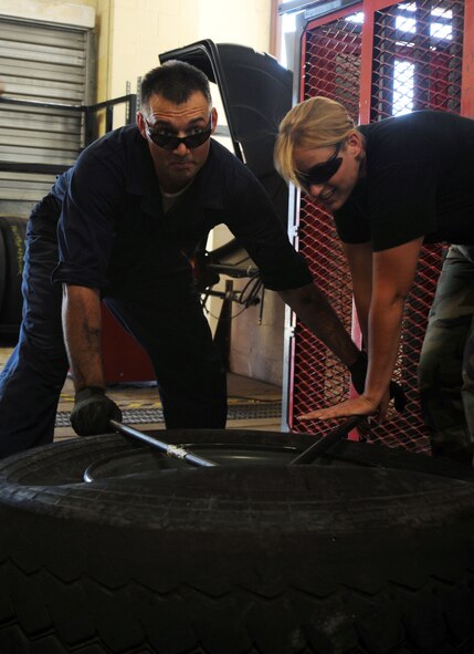 BARKSDALE AIR FORCE BASE, La. -- Vehicle maintenance mechanics with the 2nd Logistics Readiness Squadron, perform maintenance on a wheel Sept. 14. The LRS provides for movement of personnel and their household goods as well as shipment of all cargo. They are responsible for all Barksdale deployment functions including cargo, mobility and ready-team training. (U.S. Air Force photo/Senior Airman Brittany Y. Bateman)(RELEASED)