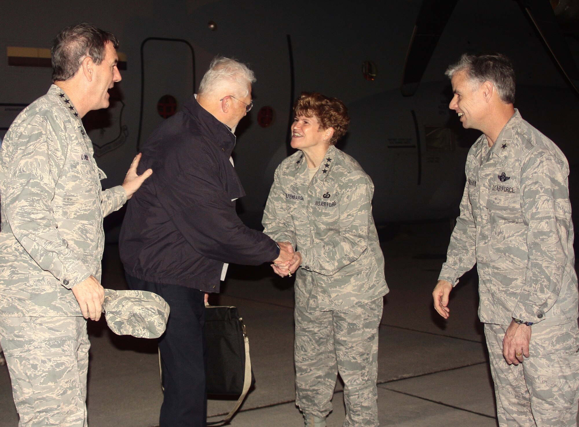 Gen. Stephen Lorenz, Lt. Gen. Janet Wolfenbarger, and Brig. Gen. Walter Givhan welcome civic leader Walter Miller Sept. 7, 2010  to Wright-Patterson Air Force Base, Ohio. Mr. Miller,  president of the Polygon Group based in Memphis, Tenn., was one of 21 civic leaders across the nation to observe Air Force missions performed by Wright-Patt Airmen and civilian employees. General Lorenz is Air Education & Training Command commander, General Wolfenbarger, Air Force Materiel Command vice commander and General Givhan Air Force Institute of Technology commandant (U.S. Air Force photo/Staff Sgt. Amanda Duncan)